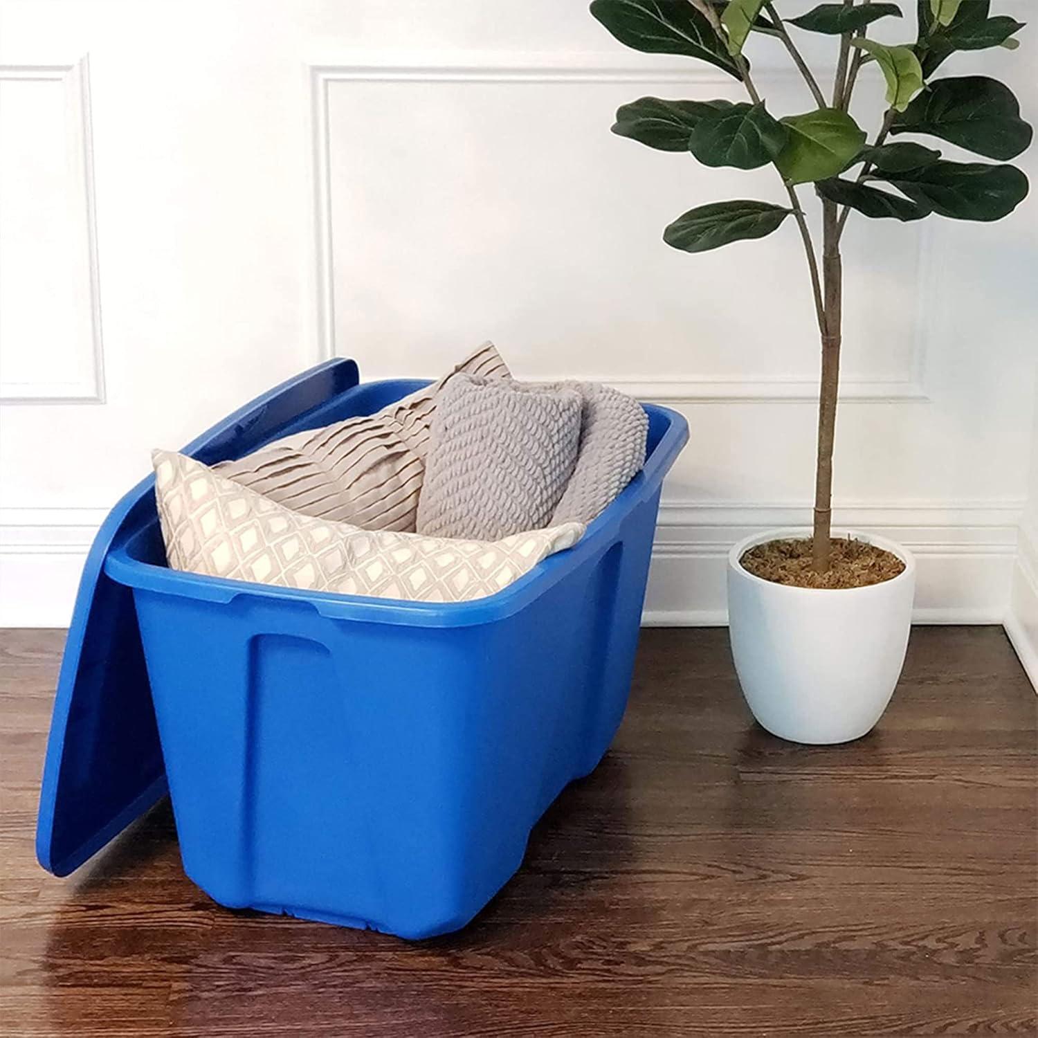 imageHOMZ 4Pack Durable Molded Bin Plastic Storage Containers wLids 10 Gallon Blue  Stackable Organizer Totes and Boxes for Bedroom Kitchen and Garage OrganizationBlue