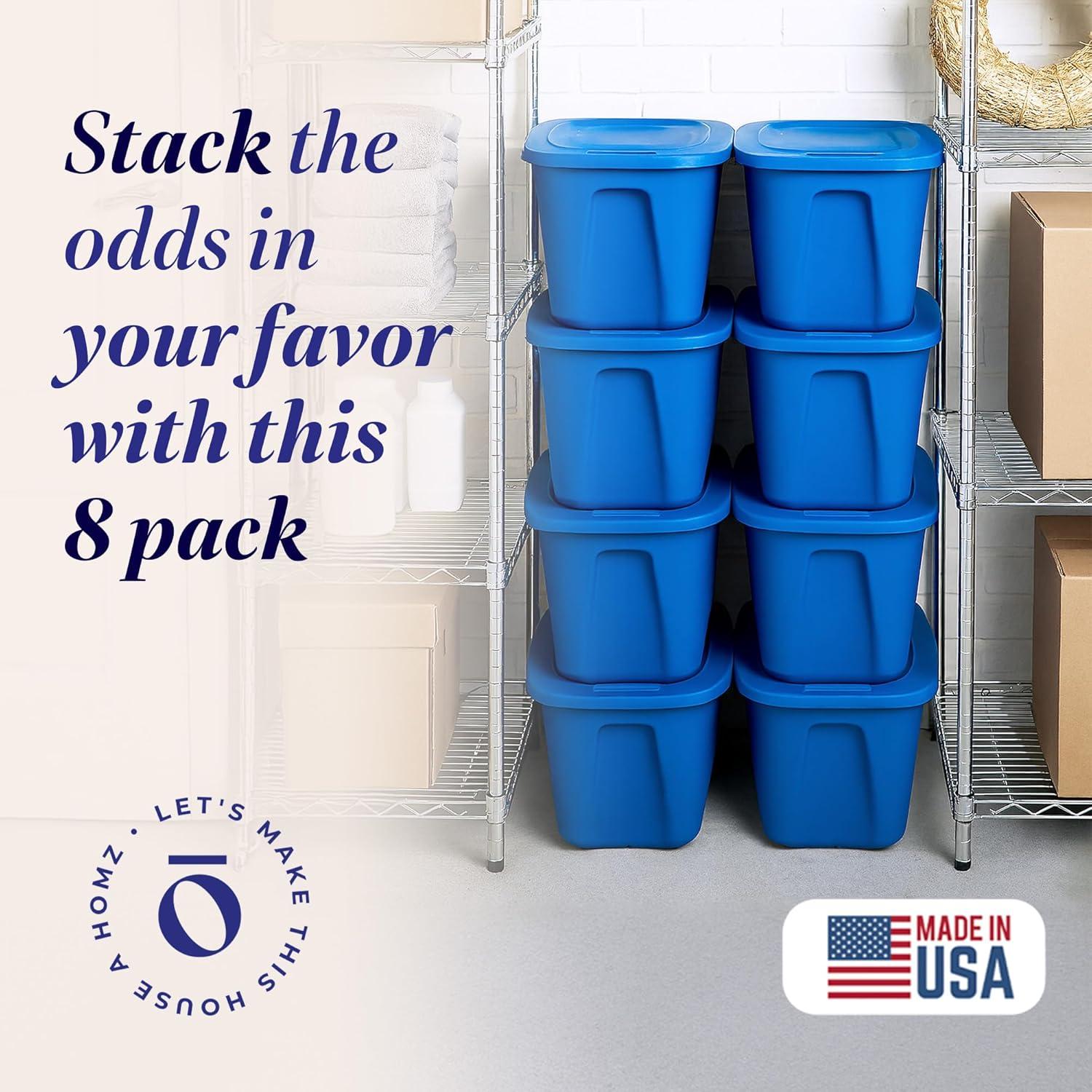 imageHOMZ 4Pack Durable Molded Bin Plastic Storage Containers wLids 10 Gallon Blue  Stackable Organizer Totes and Boxes for Bedroom Kitchen and Garage OrganizationBlue