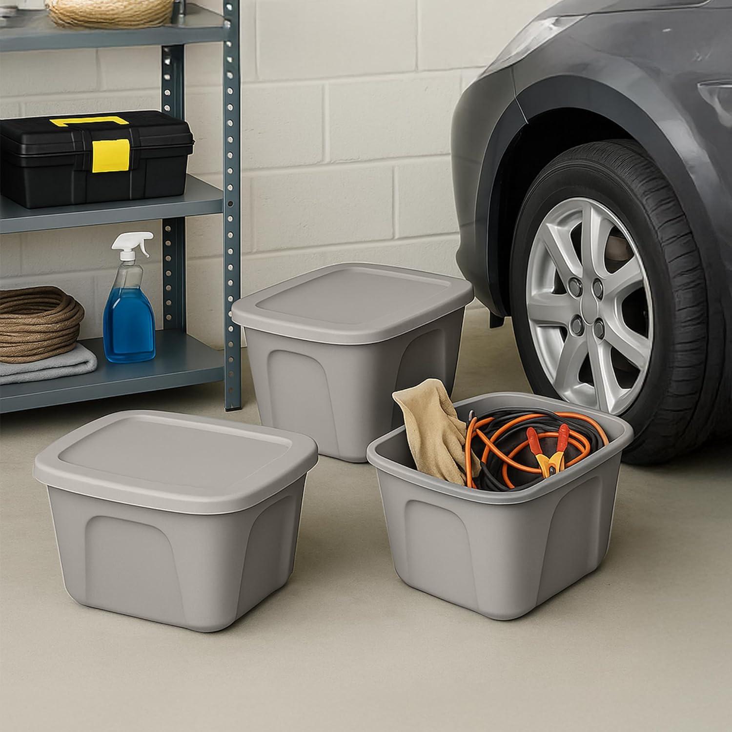 imageHOMZ 4Pack Durable Molded Bin Plastic Storage Containers wLids 10 Gallon Blue  Stackable Organizer Totes and Boxes for Bedroom Kitchen and Garage OrganizationTitanium Silver