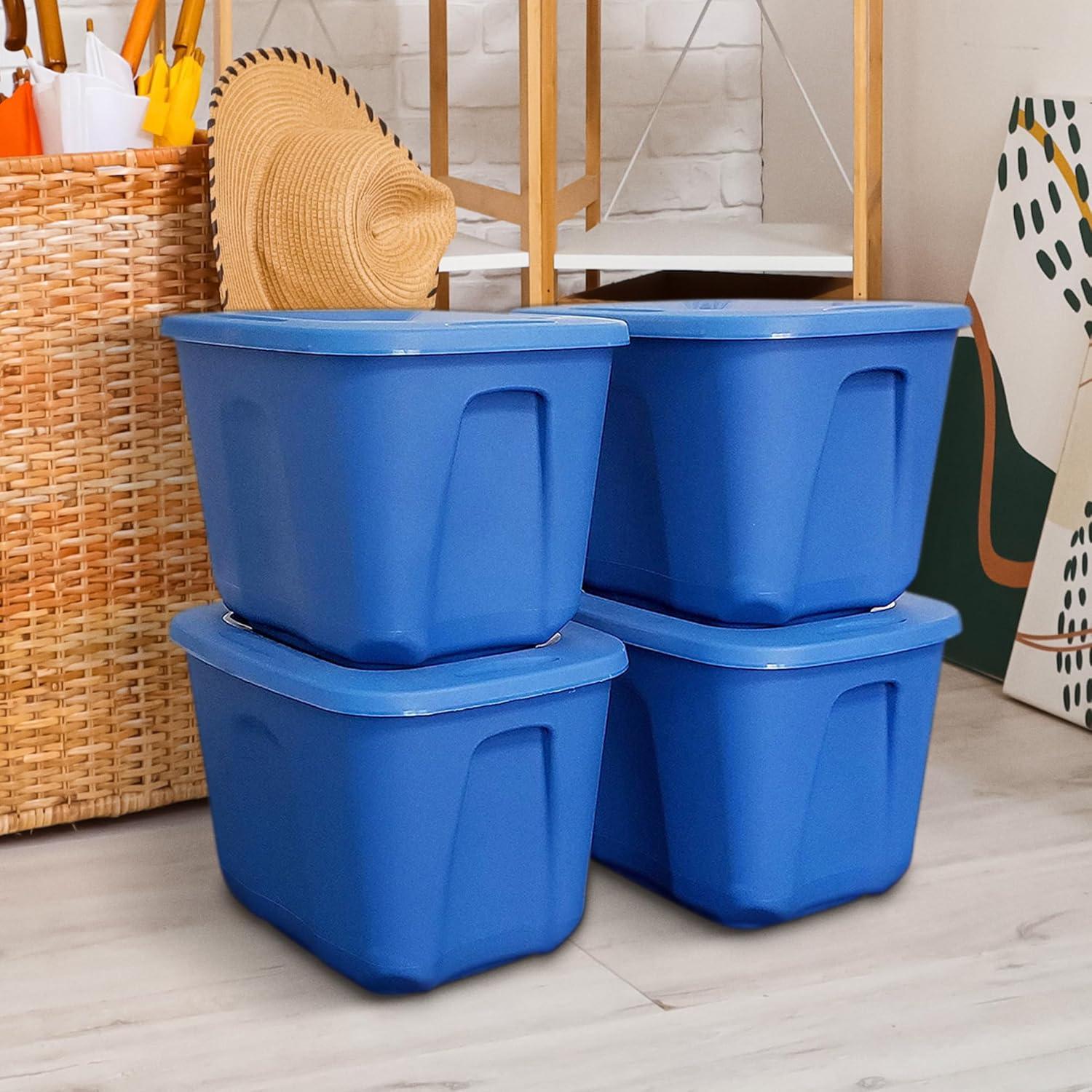 imageHOMZ 4Pack Durable Molded Bin Plastic Storage Containers wLids 10 Gallon Blue  Stackable Organizer Totes and Boxes for Bedroom Kitchen and Garage OrganizationBlue