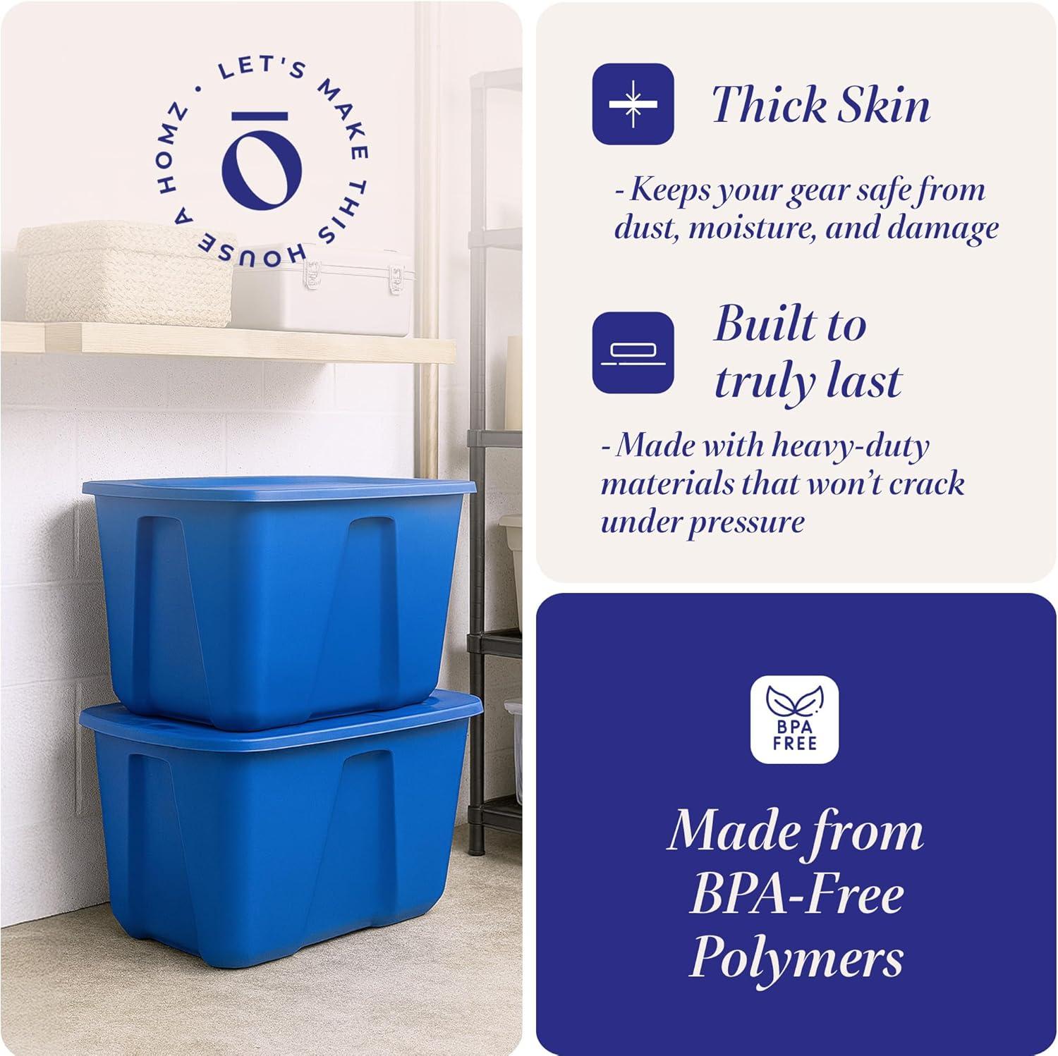 imageHOMZ 4Pack Durable Molded Bin Plastic Storage Containers wLids 10 Gallon Blue  Stackable Organizer Totes and Boxes for Bedroom Kitchen and Garage OrganizationBlue