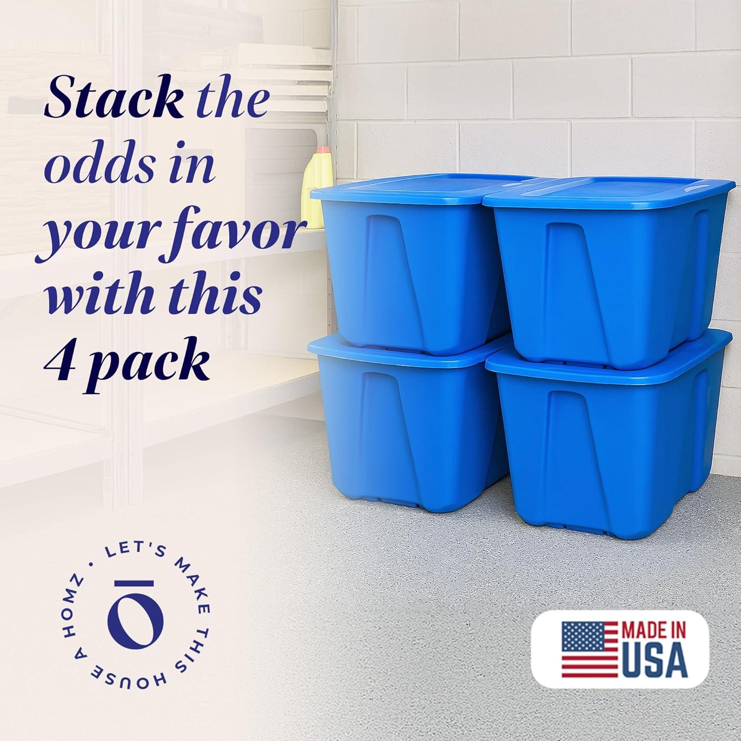 imageHOMZ 4Pack Durable Molded Bin Plastic Storage Containers wLids 10 Gallon Blue  Stackable Organizer Totes and Boxes for Bedroom Kitchen and Garage OrganizationBlue
