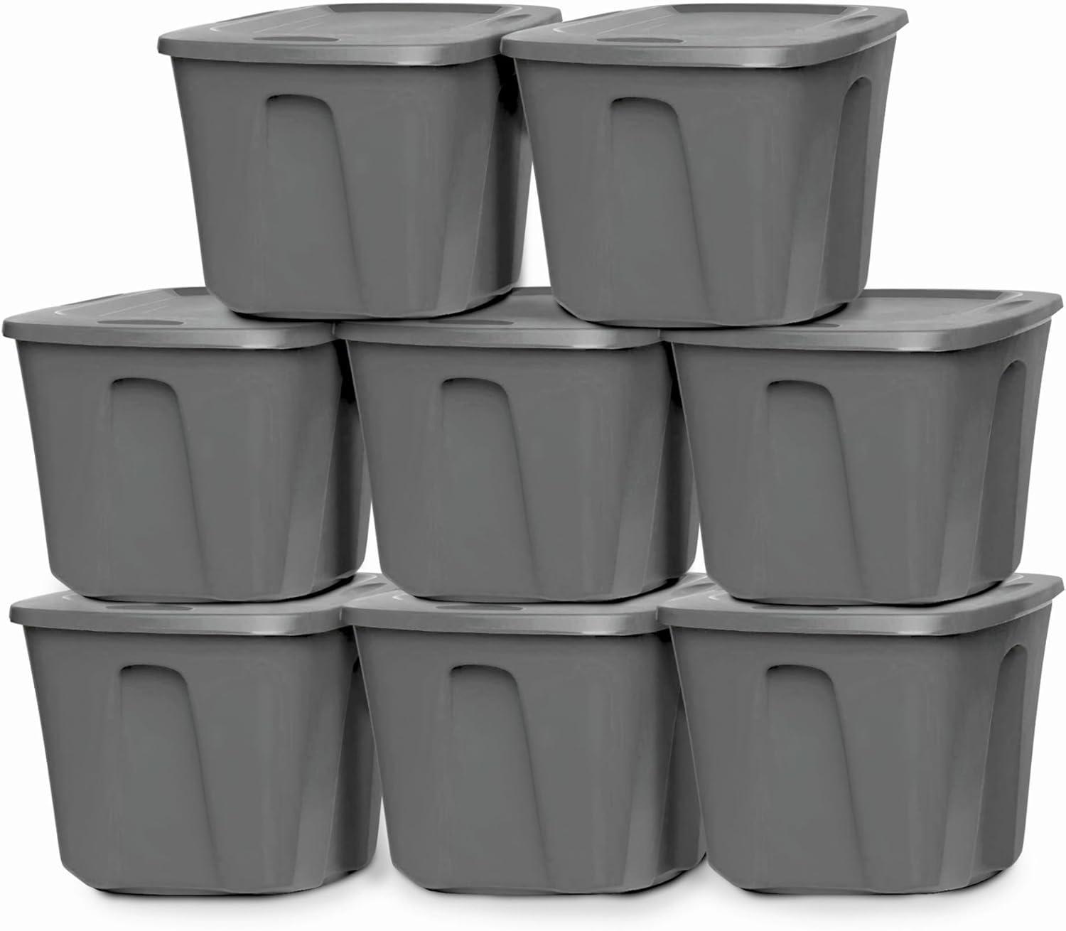 imageHOMZ 4Pack Durable Molded Bin Plastic Storage Containers wLids 10 Gallon Blue  Stackable Organizer Totes and Boxes for Bedroom Kitchen and Garage OrganizationTitanium Silver