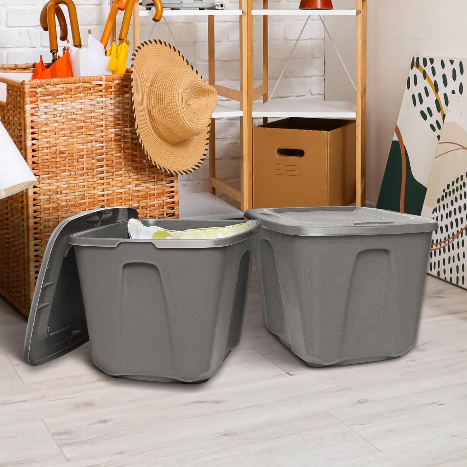 imageHOMZ 4Pack Durable Molded Bin Plastic Storage Containers wLids 10 Gallon Blue  Stackable Organizer Totes and Boxes for Bedroom Kitchen and Garage OrganizationTitanium Silver