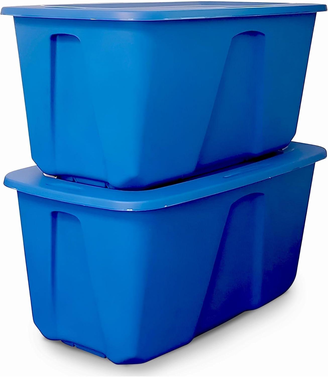 imageHOMZ 4Pack Durable Molded Bin Plastic Storage Containers wLids 10 Gallon Blue  Stackable Organizer Totes and Boxes for Bedroom Kitchen and Garage OrganizationBlue
