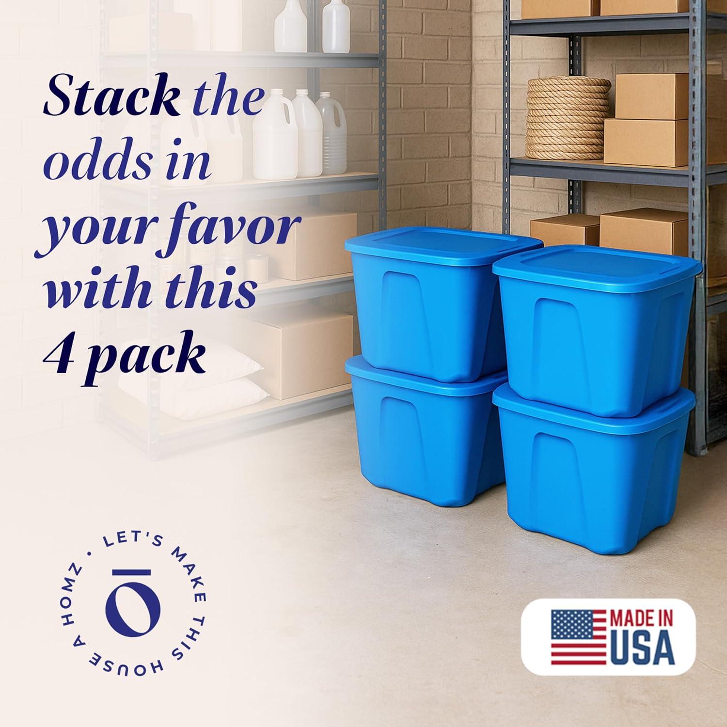 imageHOMZ 4Pack Durable Molded Bin Plastic Storage Containers wLids 10 Gallon Blue  Stackable Organizer Totes and Boxes for Bedroom Kitchen and Garage OrganizationBlue
