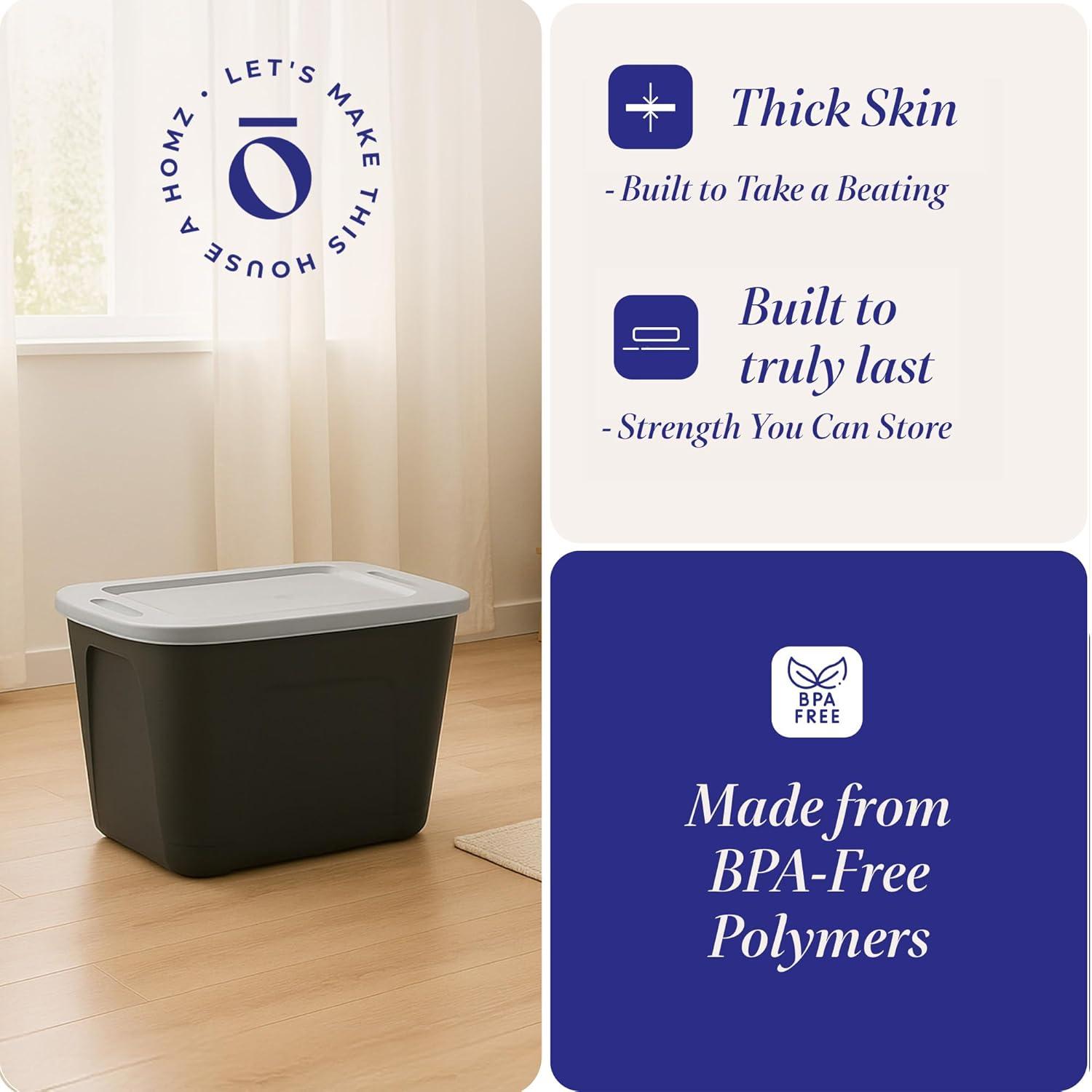 imageHOMZ 4Pack Durable Molded Bin Plastic Storage Containers wLids 10 Gallon Blue  Stackable Organizer Totes and Boxes for Bedroom Kitchen and Garage OrganizationBlack