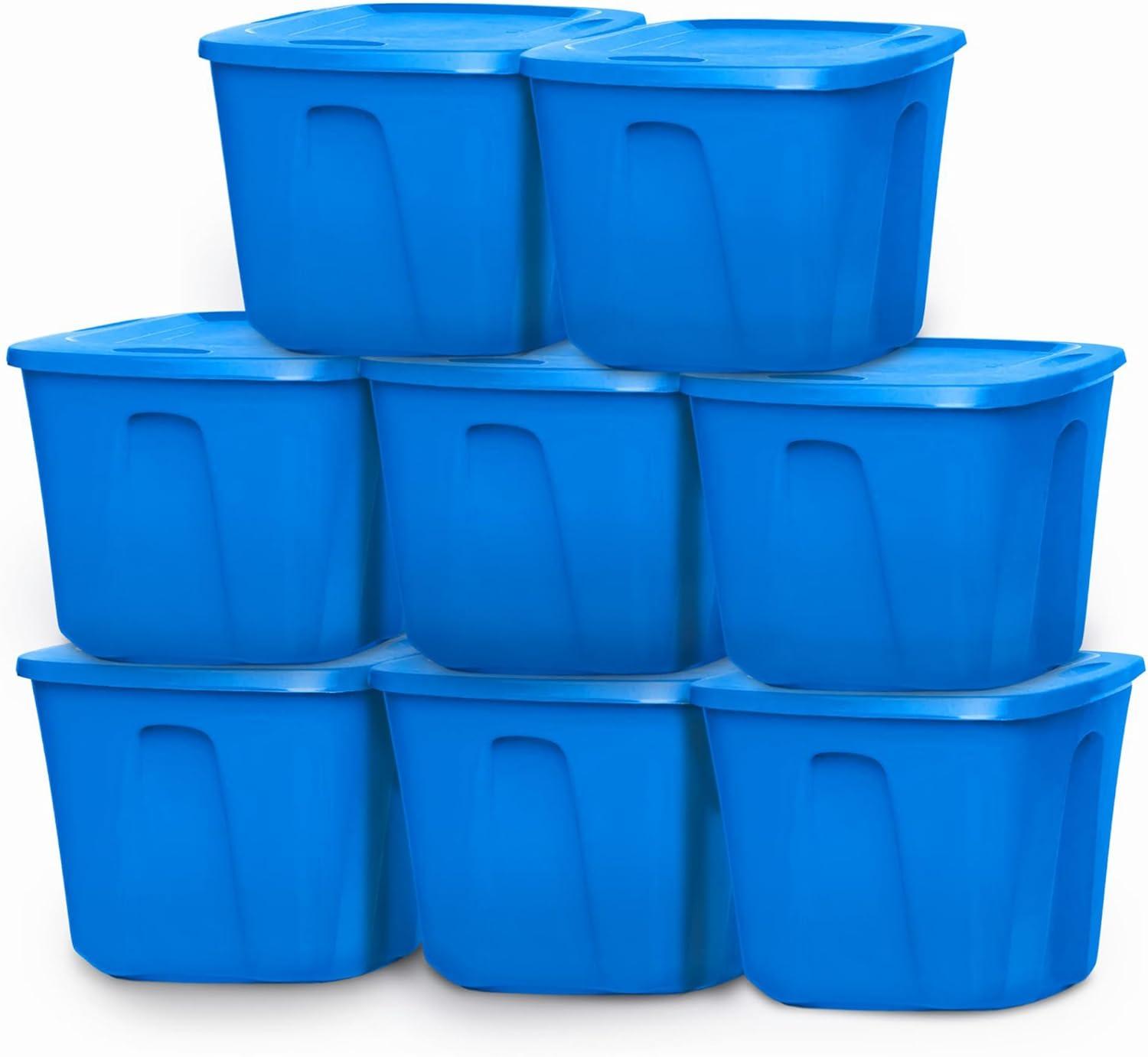 imageHOMZ 4Pack Durable Molded Bin Plastic Storage Containers wLids 10 Gallon Blue  Stackable Organizer Totes and Boxes for Bedroom Kitchen and Garage OrganizationBlue