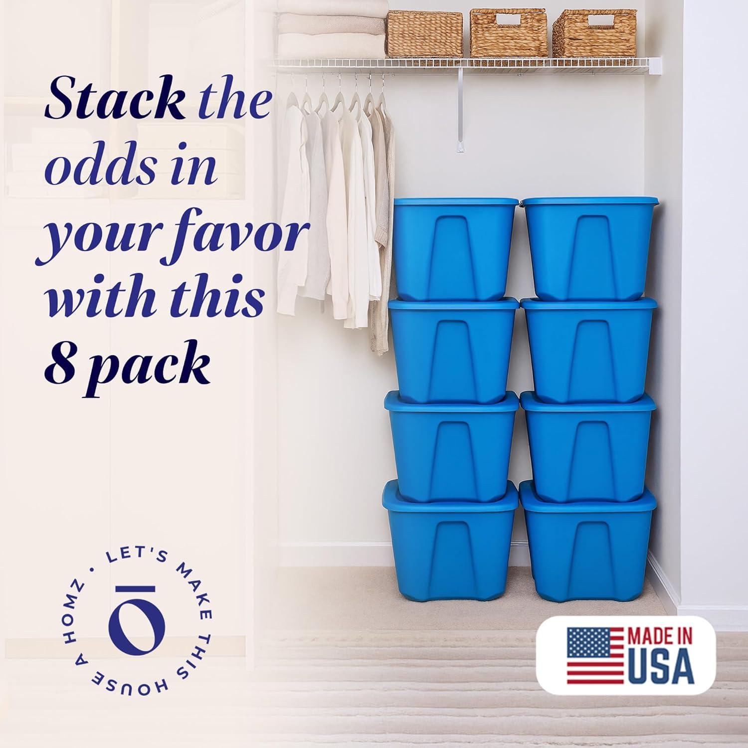 imageHOMZ 4Pack Durable Molded Bin Plastic Storage Containers wLids 10 Gallon Blue  Stackable Organizer Totes and Boxes for Bedroom Kitchen and Garage OrganizationBlue