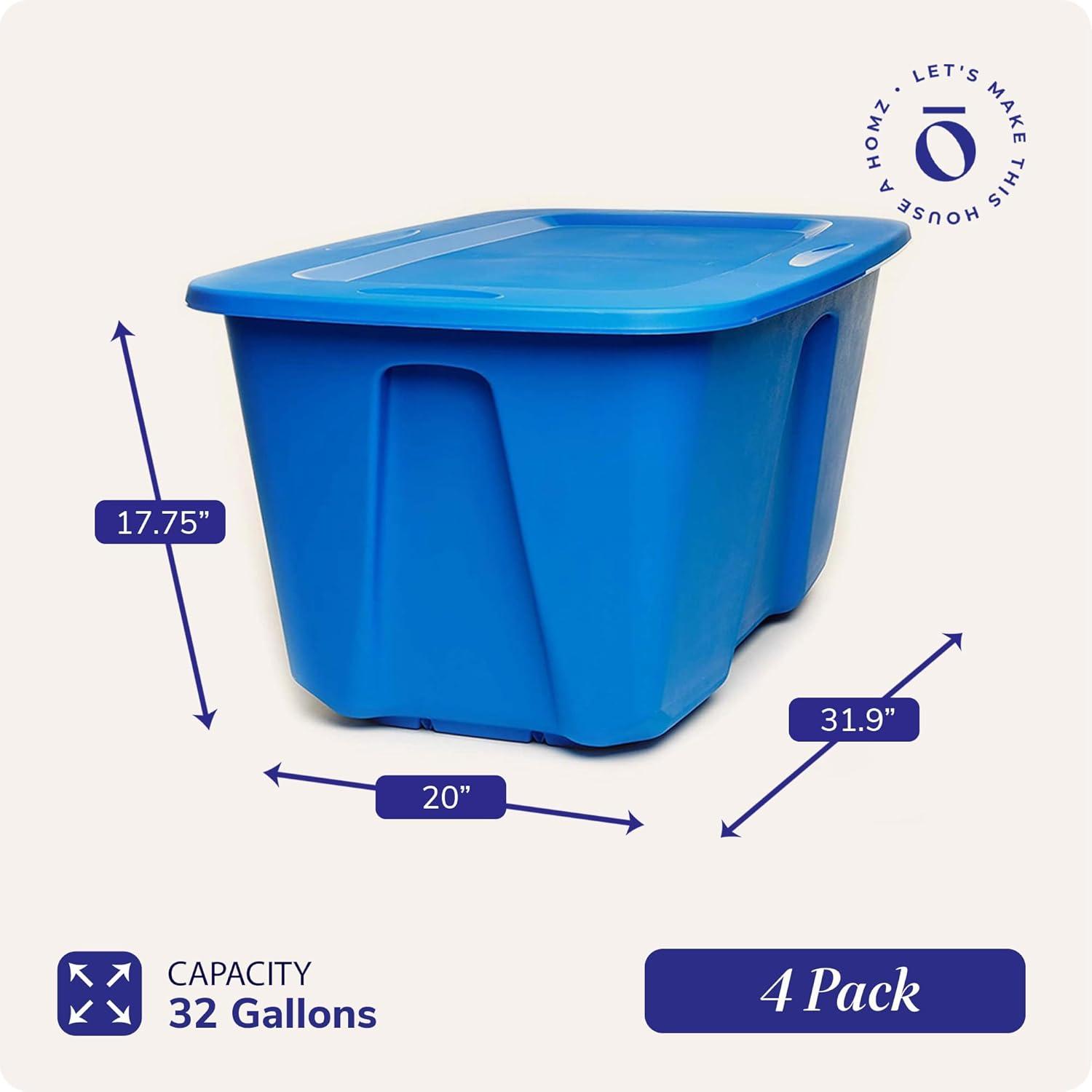 imageHOMZ 4Pack Durable Molded Bin Plastic Storage Containers wLids 10 Gallon Blue  Stackable Organizer Totes and Boxes for Bedroom Kitchen and Garage OrganizationBlue