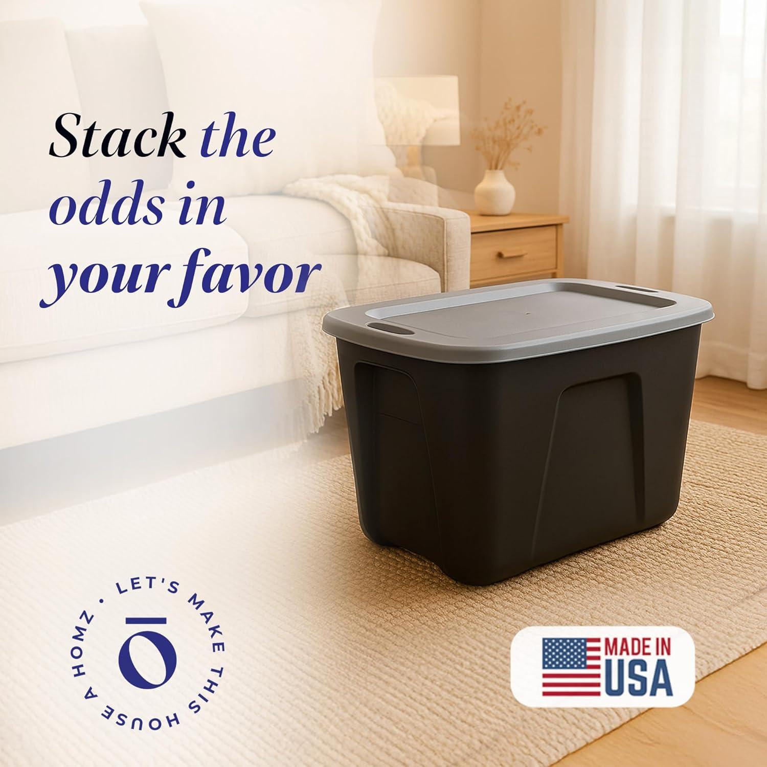 imageHOMZ 4Pack Durable Molded Bin Plastic Storage Containers wLids 10 Gallon Blue  Stackable Organizer Totes and Boxes for Bedroom Kitchen and Garage OrganizationBlack
