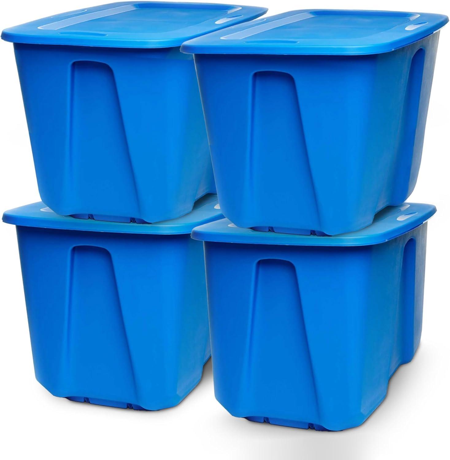 imageHOMZ 4Pack Durable Molded Bin Plastic Storage Containers wLids 10 Gallon Blue  Stackable Organizer Totes and Boxes for Bedroom Kitchen and Garage OrganizationBlue