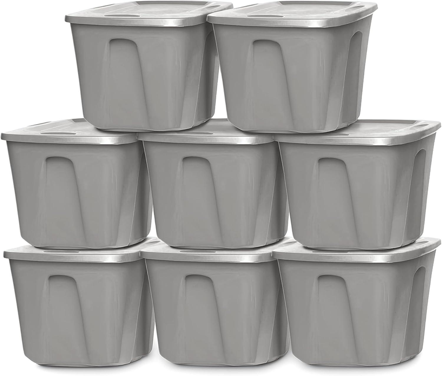 imageHOMZ 4Pack Durable Molded Bin Plastic Storage Containers wLids 10 Gallon Blue  Stackable Organizer Totes and Boxes for Bedroom Kitchen and Garage OrganizationTitanium Silver