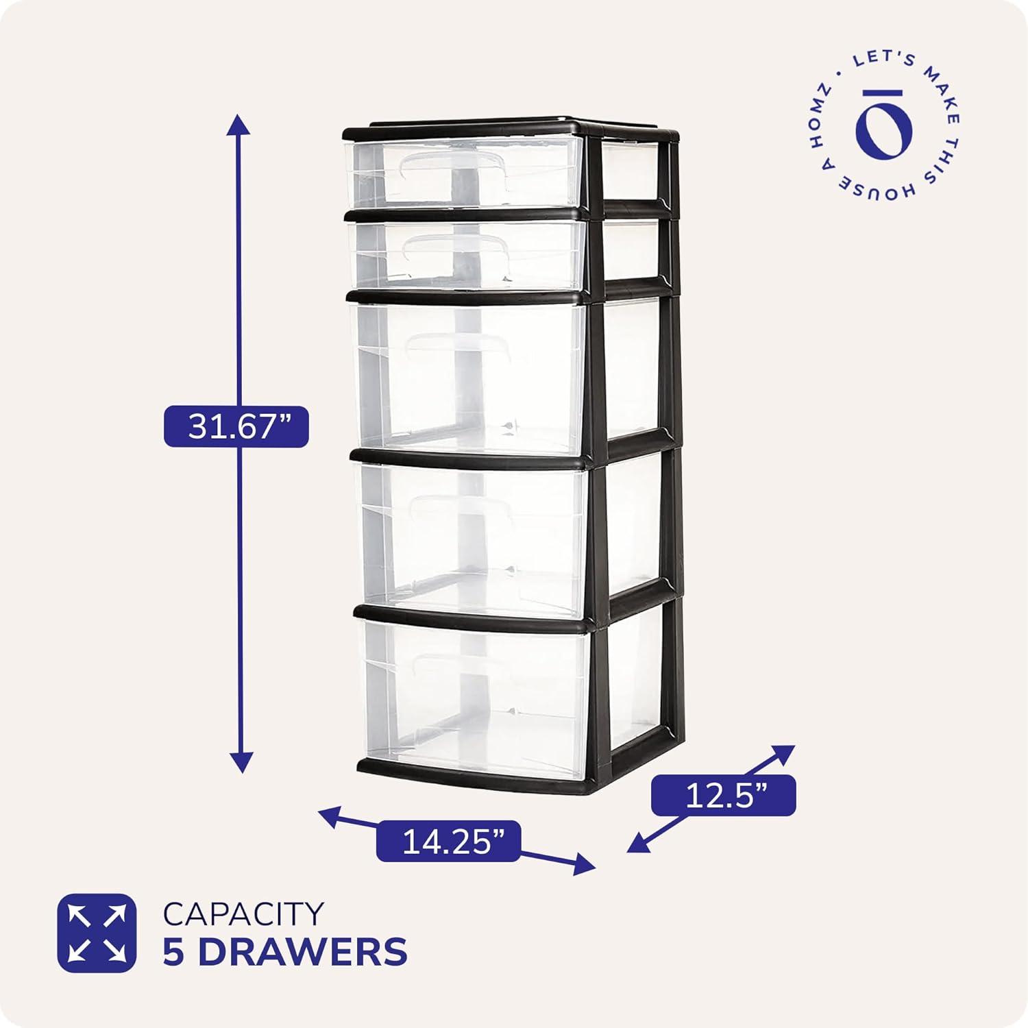 imageHOMZ 5Drawer Storage Cart Clear Plastic Drawers with Casters 1425quot Wide Medium White Frame  Organizing Drawer Containers for Home Bathroom Bedroom Office and ClassroomBlack