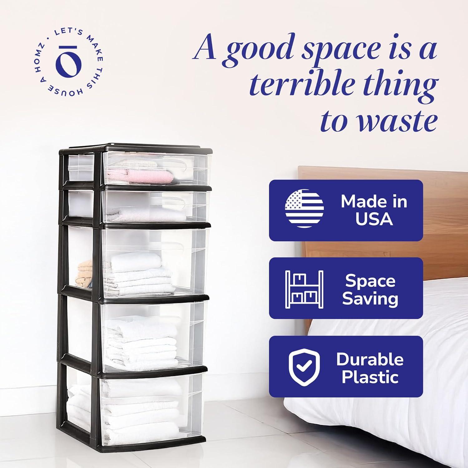 imageHOMZ 5Drawer Storage Cart Clear Plastic Drawers with Casters 1425quot Wide Medium White Frame  Organizing Drawer Containers for Home Bathroom Bedroom Office and ClassroomBlack
