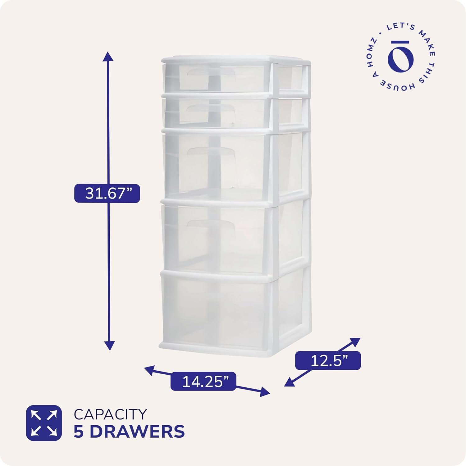 imageHOMZ 5Drawer Storage Cart Clear Plastic Drawers with Casters 1425quot Wide Medium White Frame  Organizing Drawer Containers for Home Bathroom Bedroom Office and ClassroomWhite frame with clear drawer