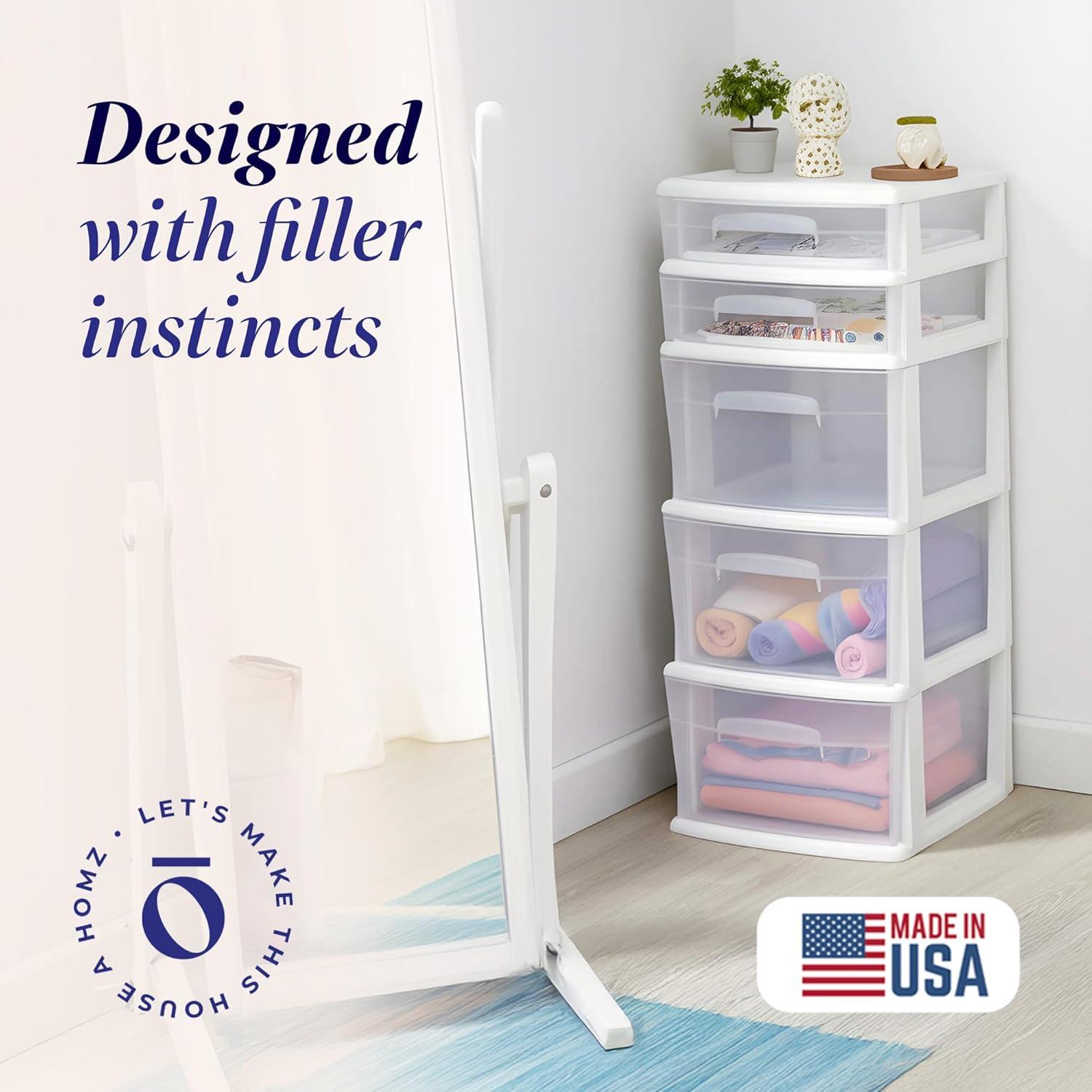 imageHOMZ 5Drawer Storage Cart Clear Plastic Drawers with Casters 1425quot Wide Medium White Frame  Organizing Drawer Containers for Home Bathroom Bedroom Office and ClassroomWhite frame with clear drawer