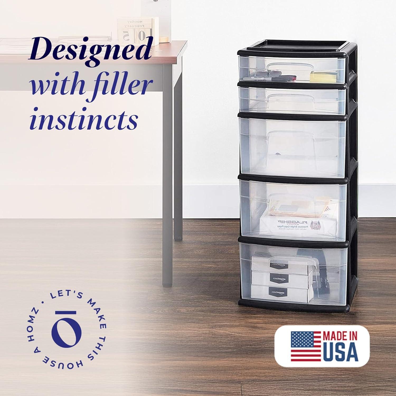 imageHOMZ 5Drawer Storage Cart Clear Plastic Drawers with Casters 1425quot Wide Medium White Frame  Organizing Drawer Containers for Home Bathroom Bedroom Office and ClassroomBlack