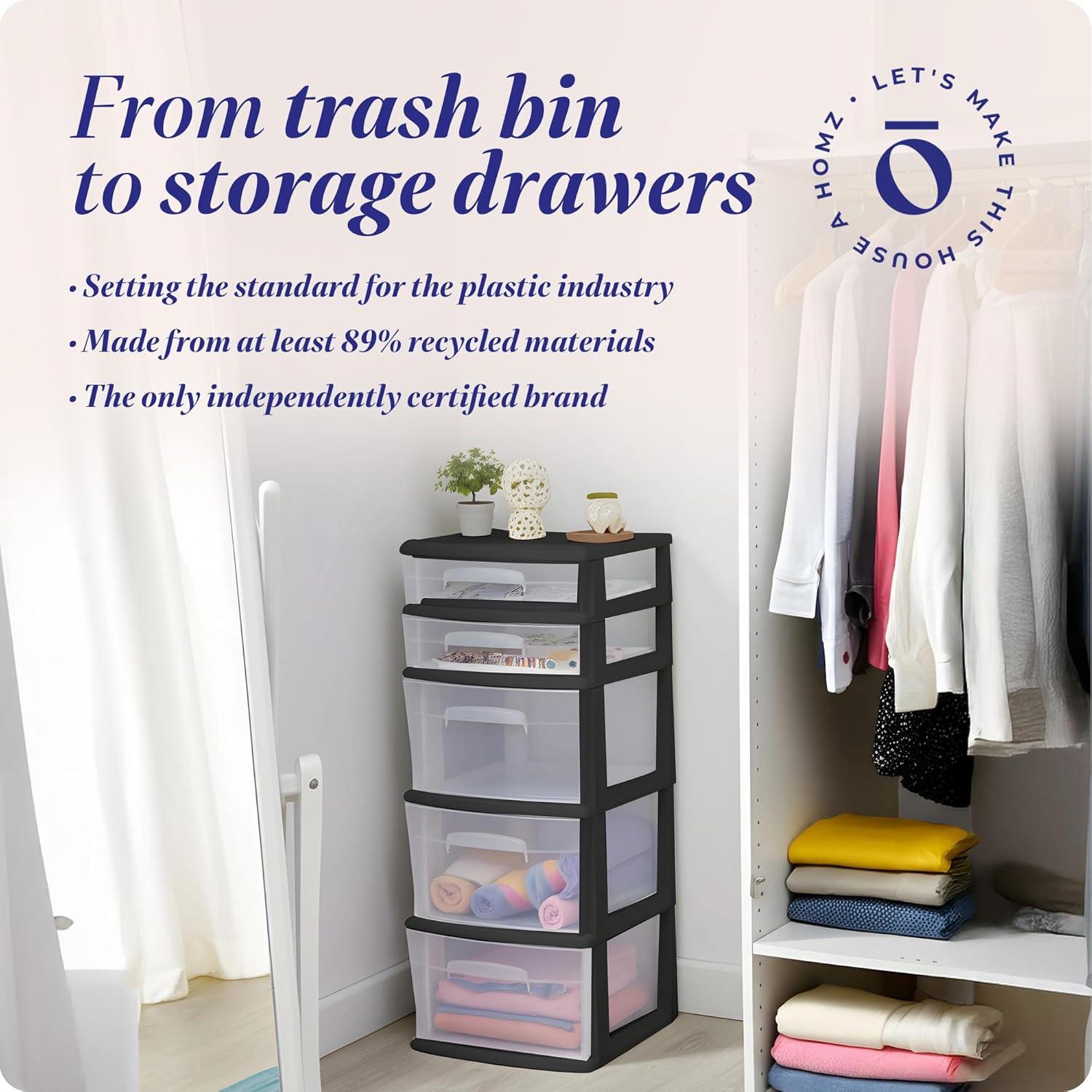 imageHOMZ 5Drawer Storage Cart Clear Plastic Drawers with Casters 1425quot Wide Medium White Frame  Organizing Drawer Containers for Home Bathroom Bedroom Office and ClassroomBlack