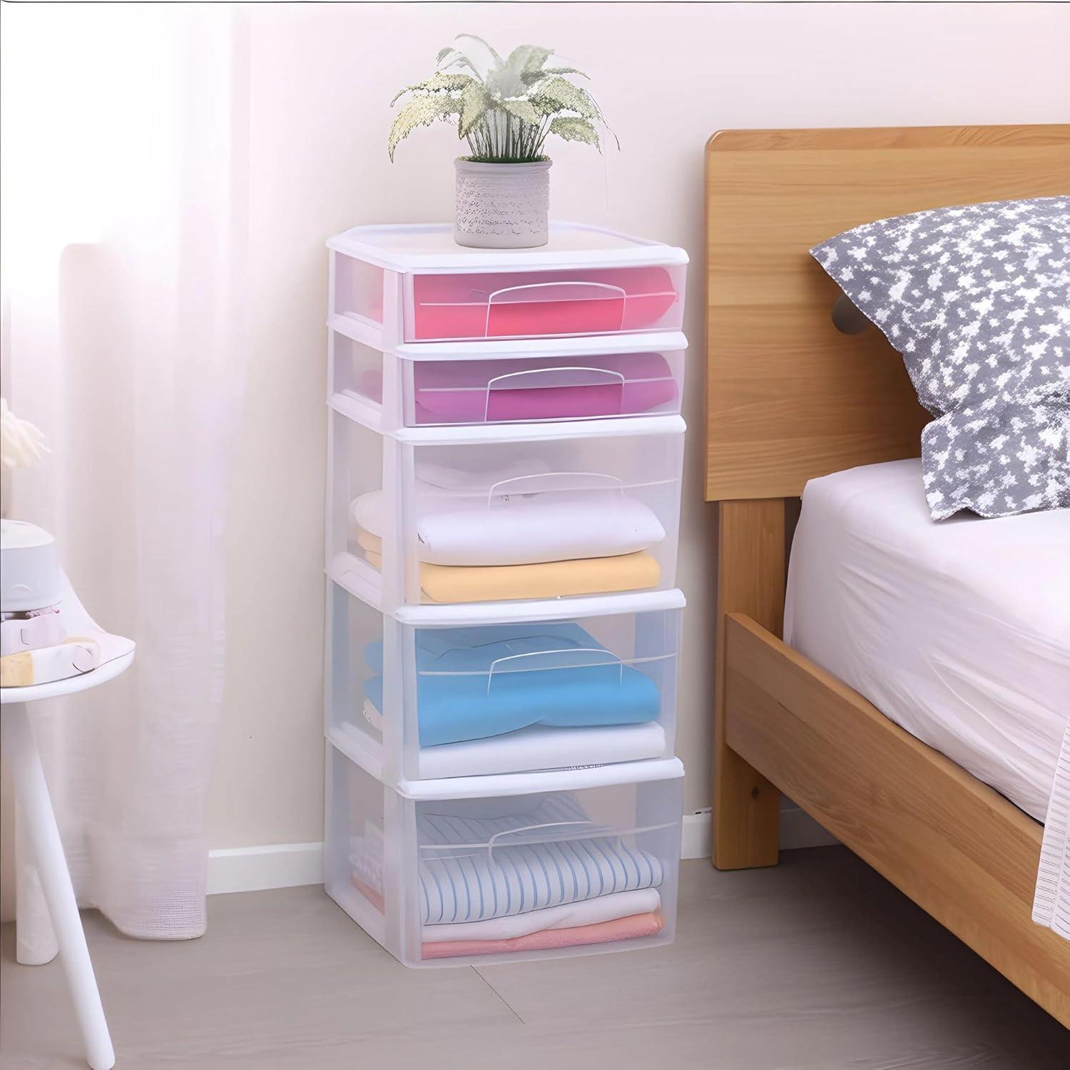 imageHOMZ 5Drawer Storage Cart Clear Plastic Drawers with Casters 1425quot Wide Medium White Frame  Organizing Drawer Containers for Home Bathroom Bedroom Office and ClassroomWhite frame with clear drawer