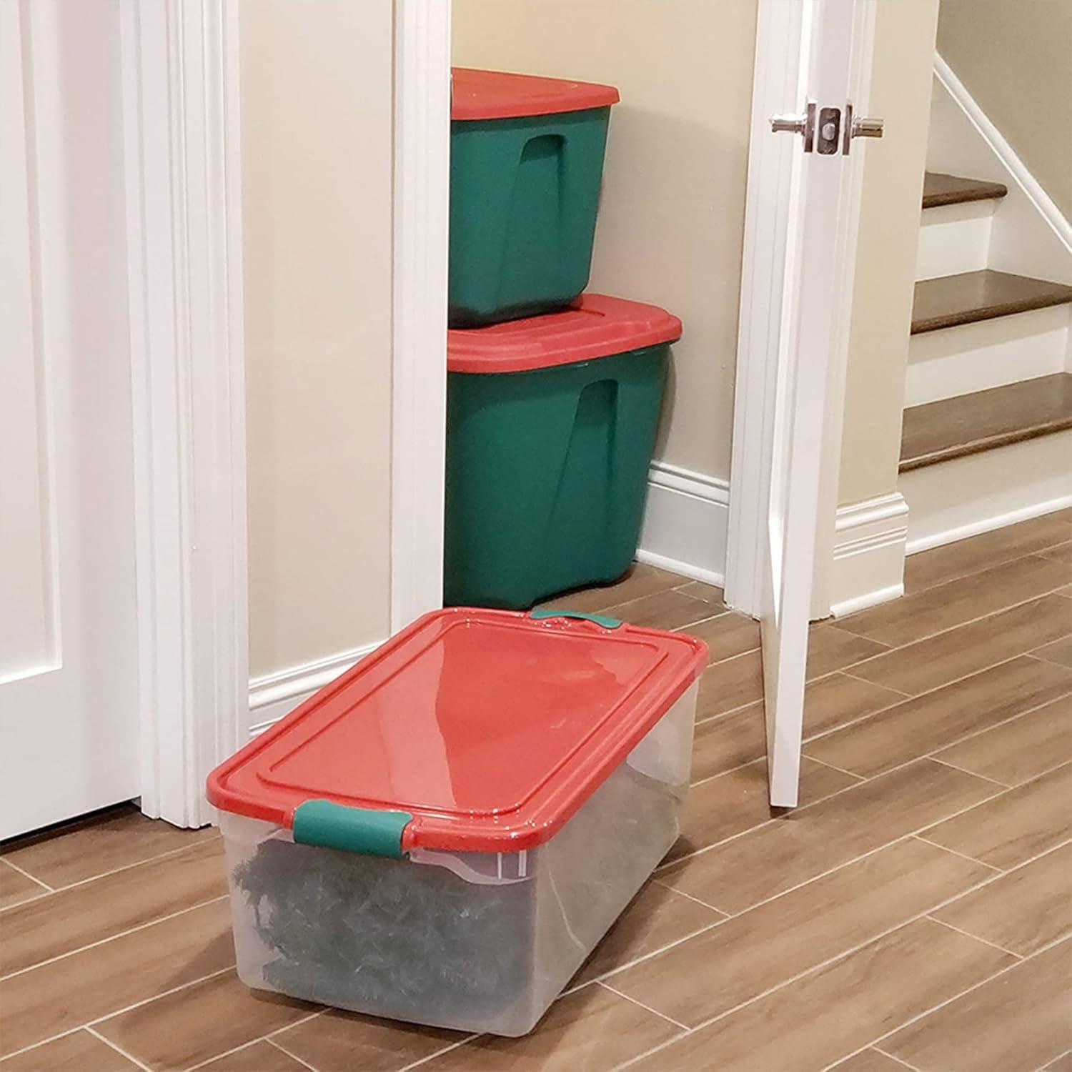 imageHOMZ 6Pack Holiday Tote Plastic Storage Organizer Bins with Lids 64 Quart ClearRed  Stackable Organizing Containers for Home Garage and Office64 Quart  1625 x 7 x 625