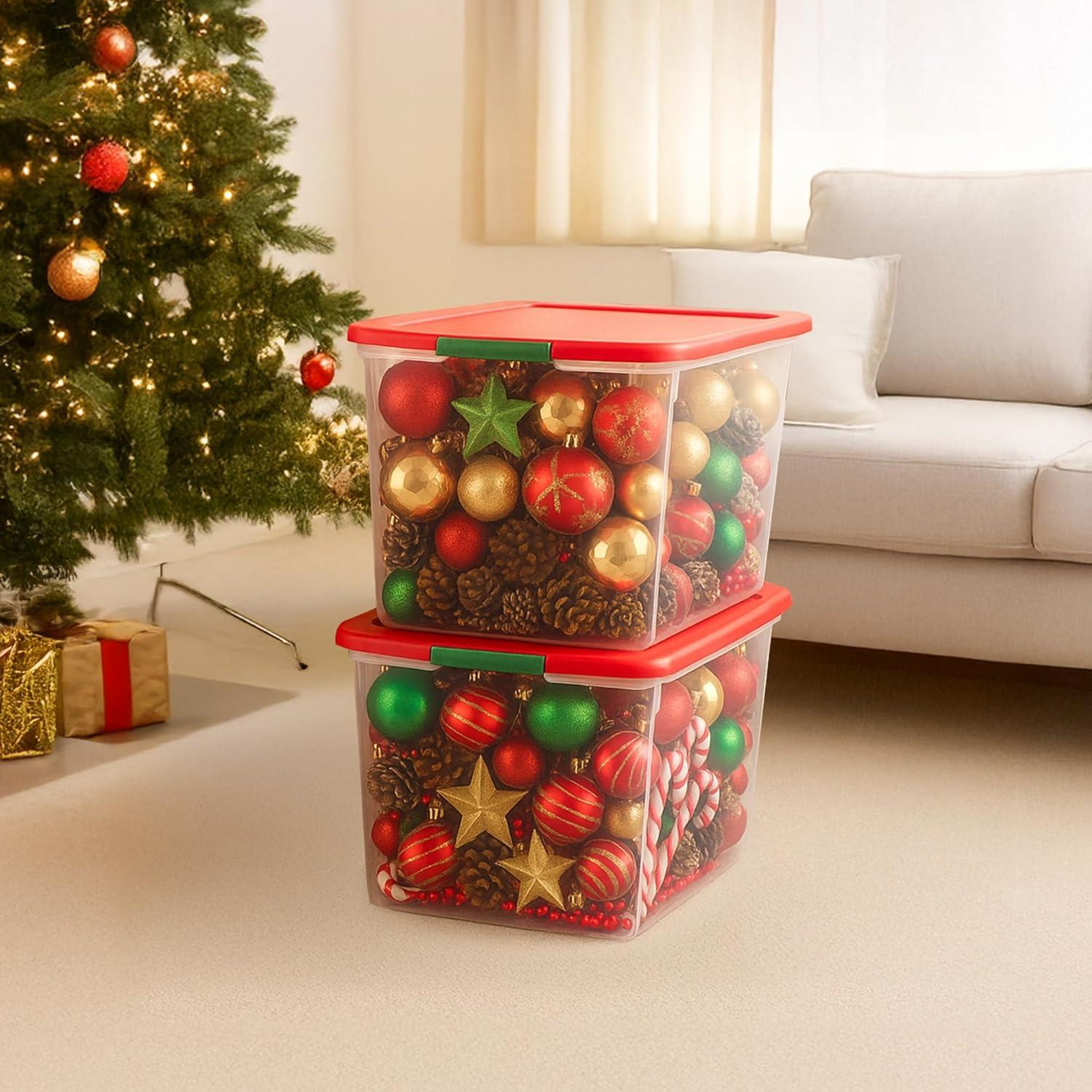 imageHOMZ 6Pack Holiday Tote Plastic Storage Organizer Bins with Lids 64 Quart ClearRed  Stackable Organizing Containers for Home Garage and Office64 Quart  235 x 16125 x 135