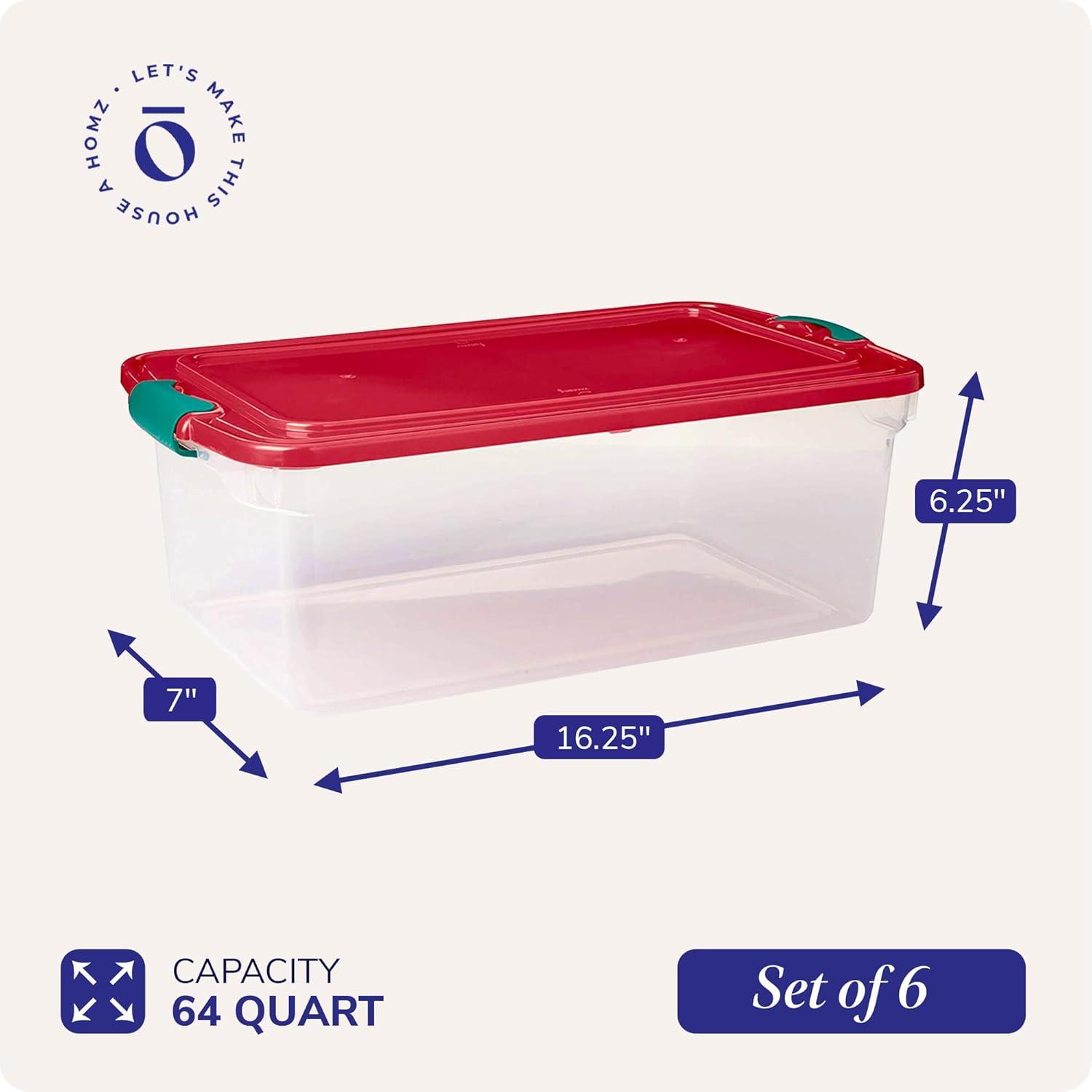 imageHOMZ 6Pack Holiday Tote Plastic Storage Organizer Bins with Lids 64 Quart ClearRed  Stackable Organizing Containers for Home Garage and Office64 Quart  1625 x 7 x 625
