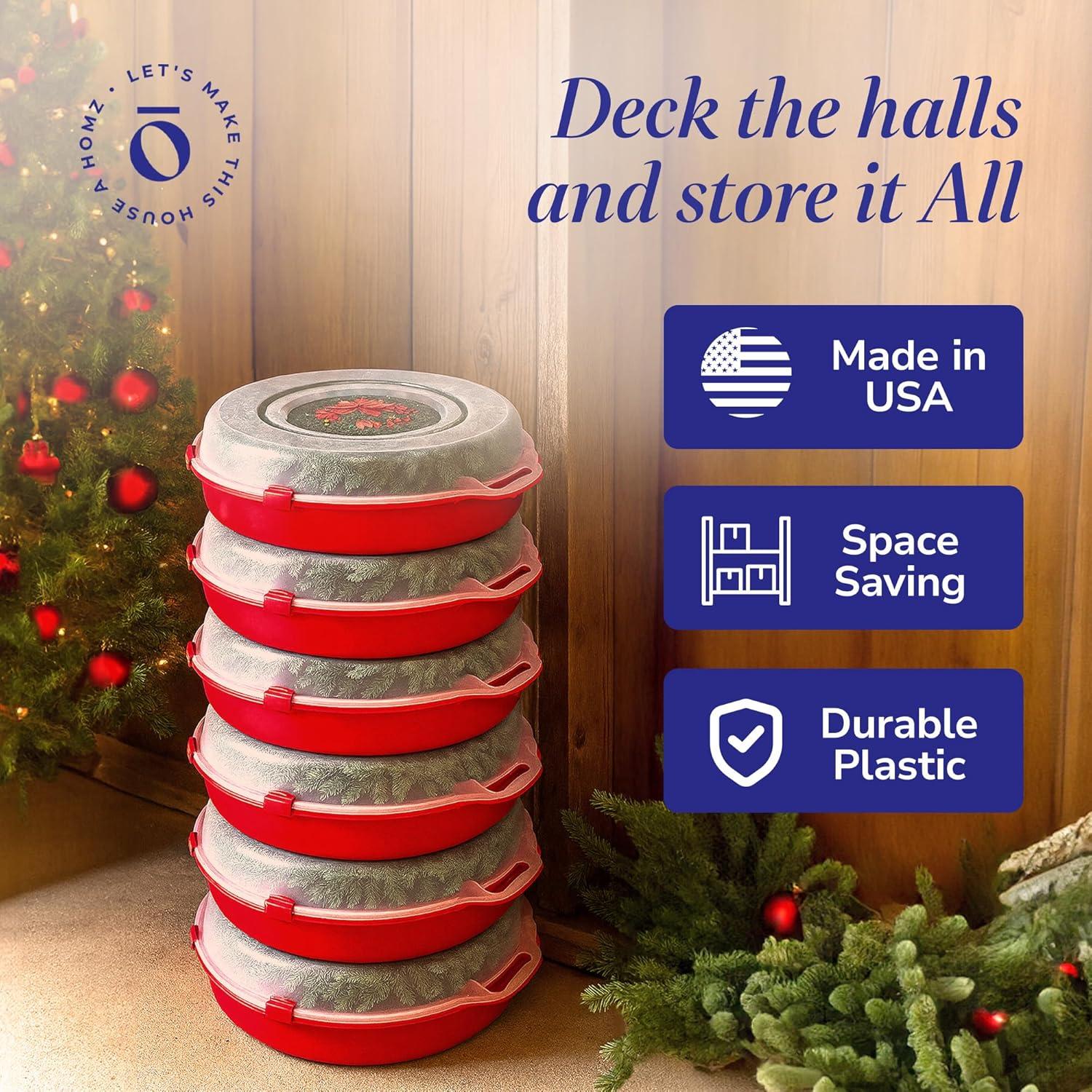 imageHOMZ 6Pack Seasonal Holiday Decorative Wreath Storage Organizer 24 Inch Red ampamp Clear  Stackable Plastic Containers for Christmas Ornament Decorations