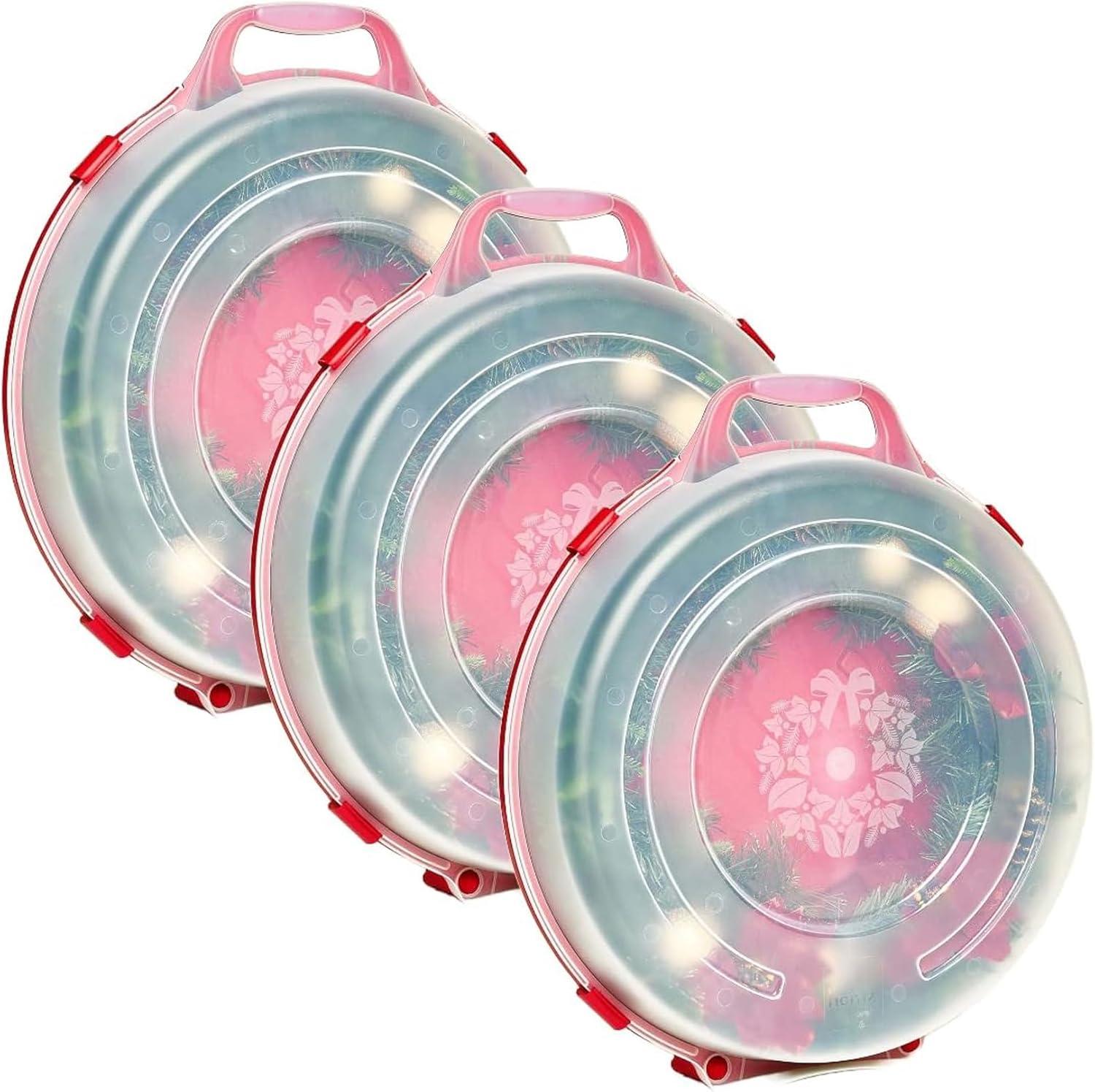 imageHOMZ 6Pack Seasonal Holiday Decorative Wreath Storage Organizer 24 Inch Red ampamp Clear  Stackable Plastic Containers for Christmas Ornament Decorations