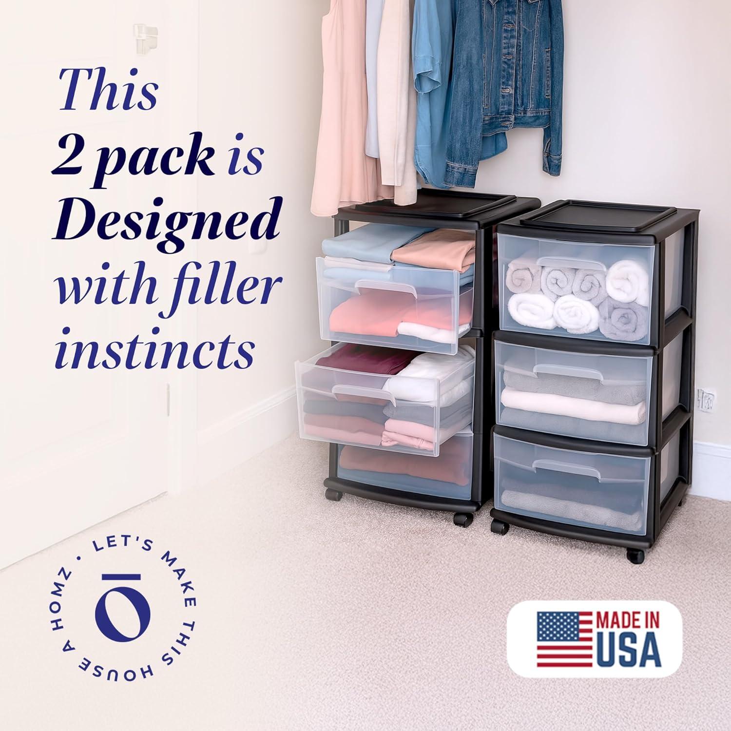 imageHOMZ Drawer Tower 3Tier Clear Plastic Storage Organizer Cart White Frame  HeavyDuty Organizing Drawers for Home Bedroom and Closet OrganizationBlack
