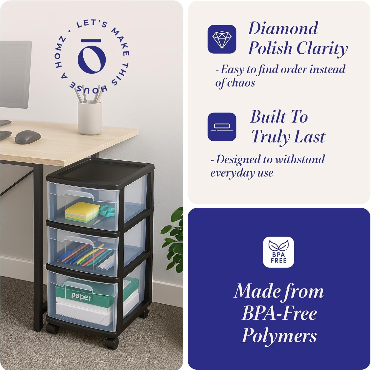 imageHOMZ Drawer Tower 3Tier Clear Plastic Storage Organizer Cart White Frame  HeavyDuty Organizing Drawers for Home Bedroom and Closet OrganizationBlack
