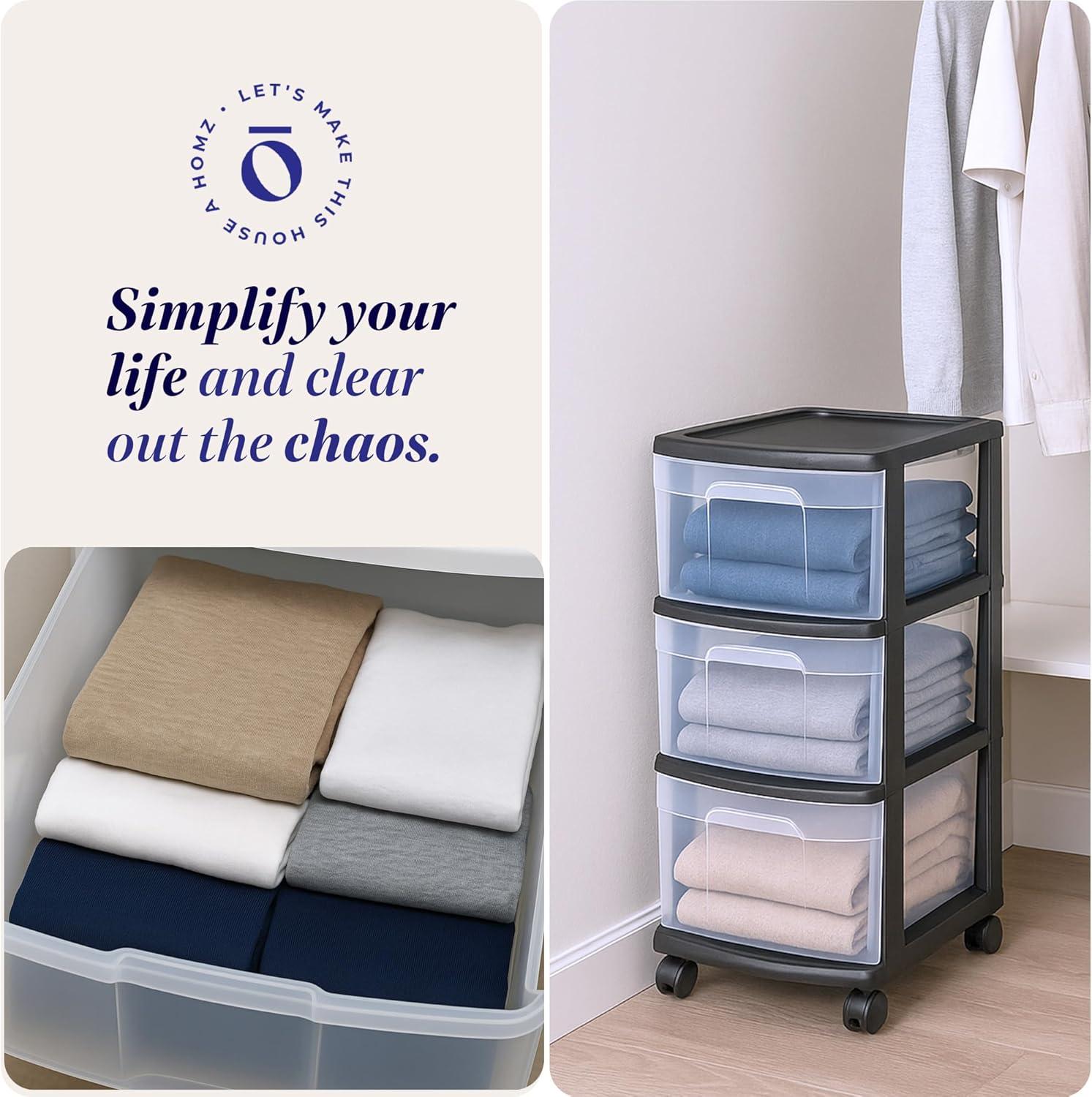 imageHOMZ Drawer Tower 3Tier Clear Plastic Storage Organizer Cart White Frame  HeavyDuty Organizing Drawers for Home Bedroom and Closet OrganizationBlack