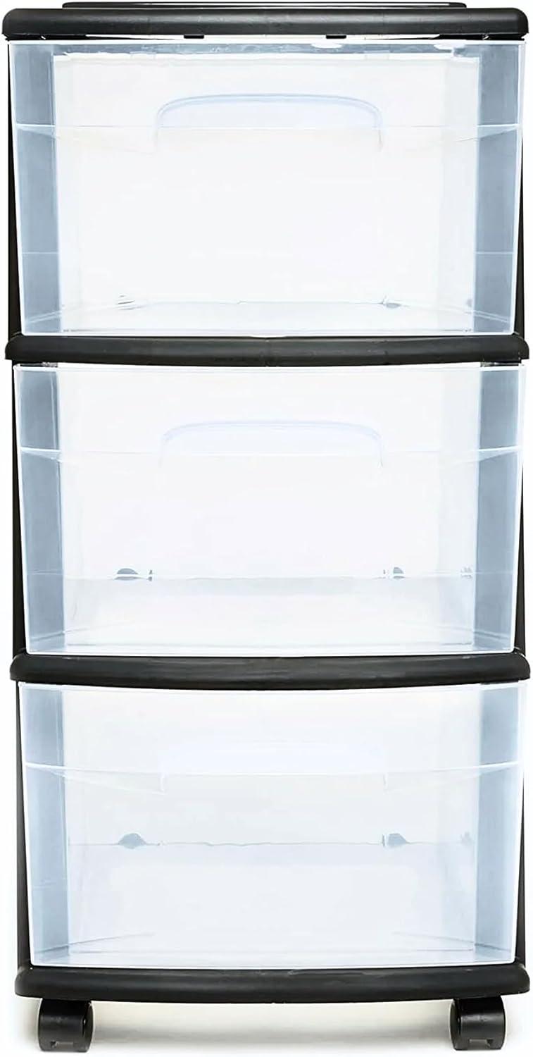 imageHOMZ Drawer Tower 3Tier Clear Plastic Storage Organizer Cart White Frame  HeavyDuty Organizing Drawers for Home Bedroom and Closet OrganizationBlack