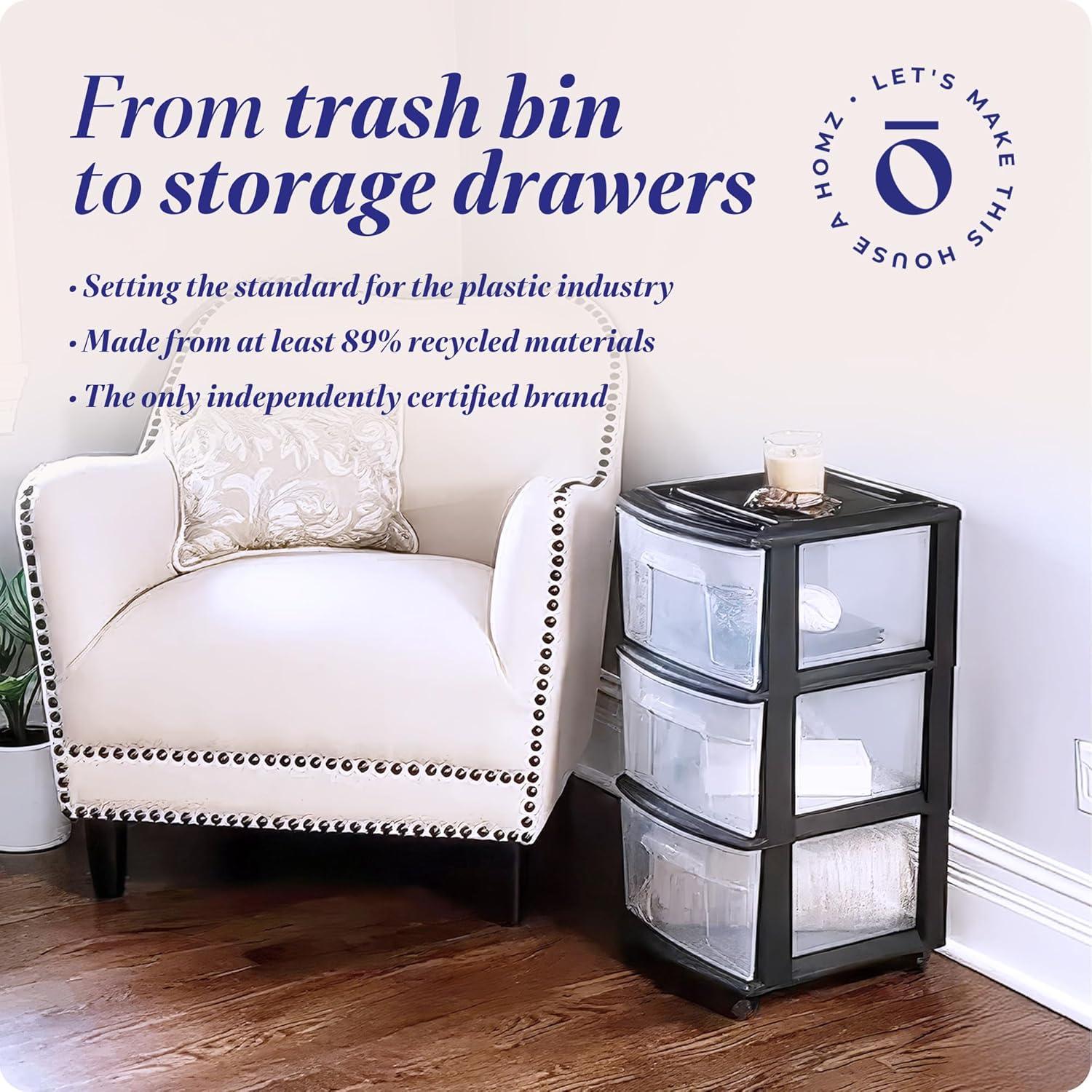 imageHOMZ Drawer Tower 3Tier Clear Plastic Storage Organizer Cart White Frame  HeavyDuty Organizing Drawers for Home Bedroom and Closet OrganizationBlack