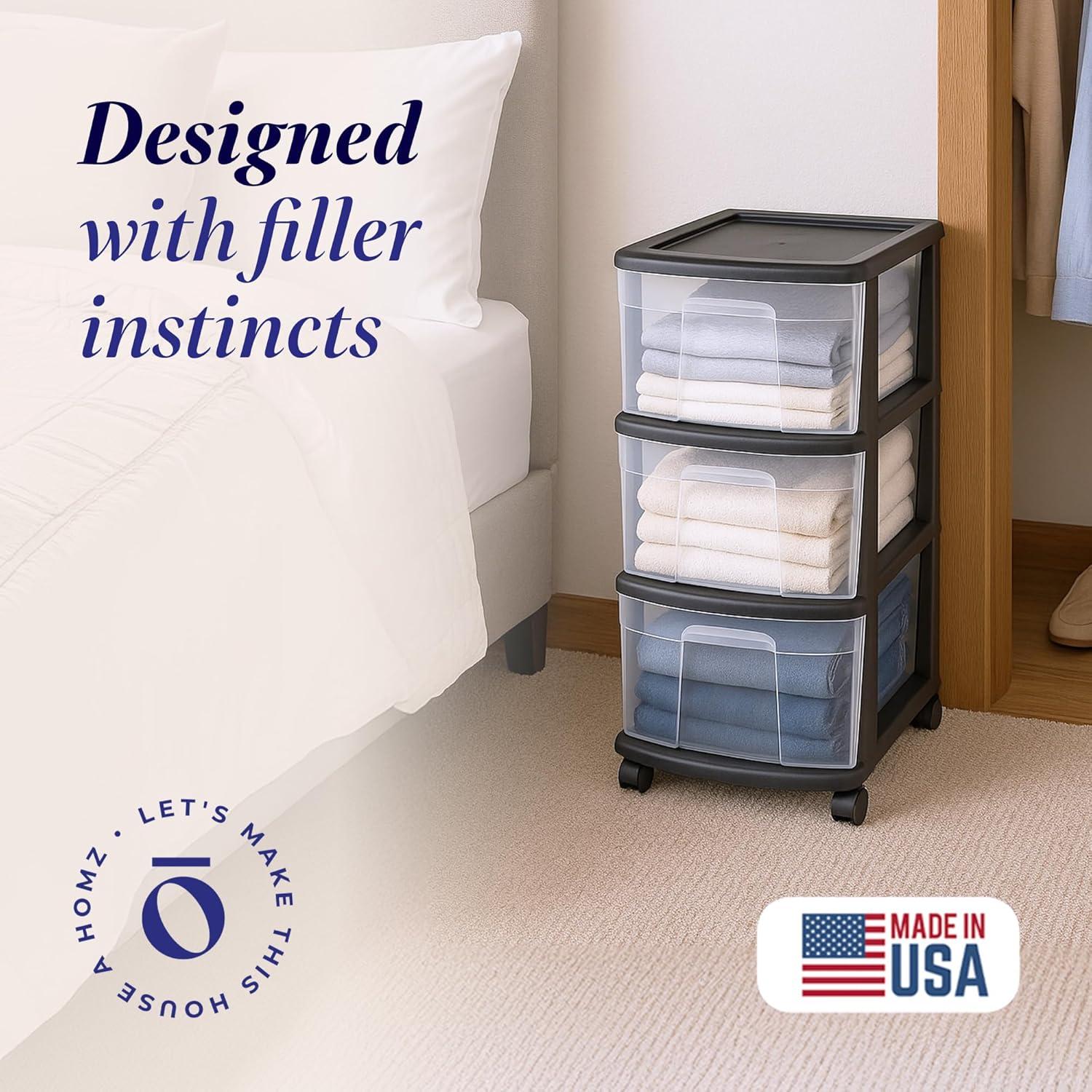 imageHOMZ Drawer Tower 3Tier Clear Plastic Storage Organizer Cart White Frame  HeavyDuty Organizing Drawers for Home Bedroom and Closet OrganizationBlack