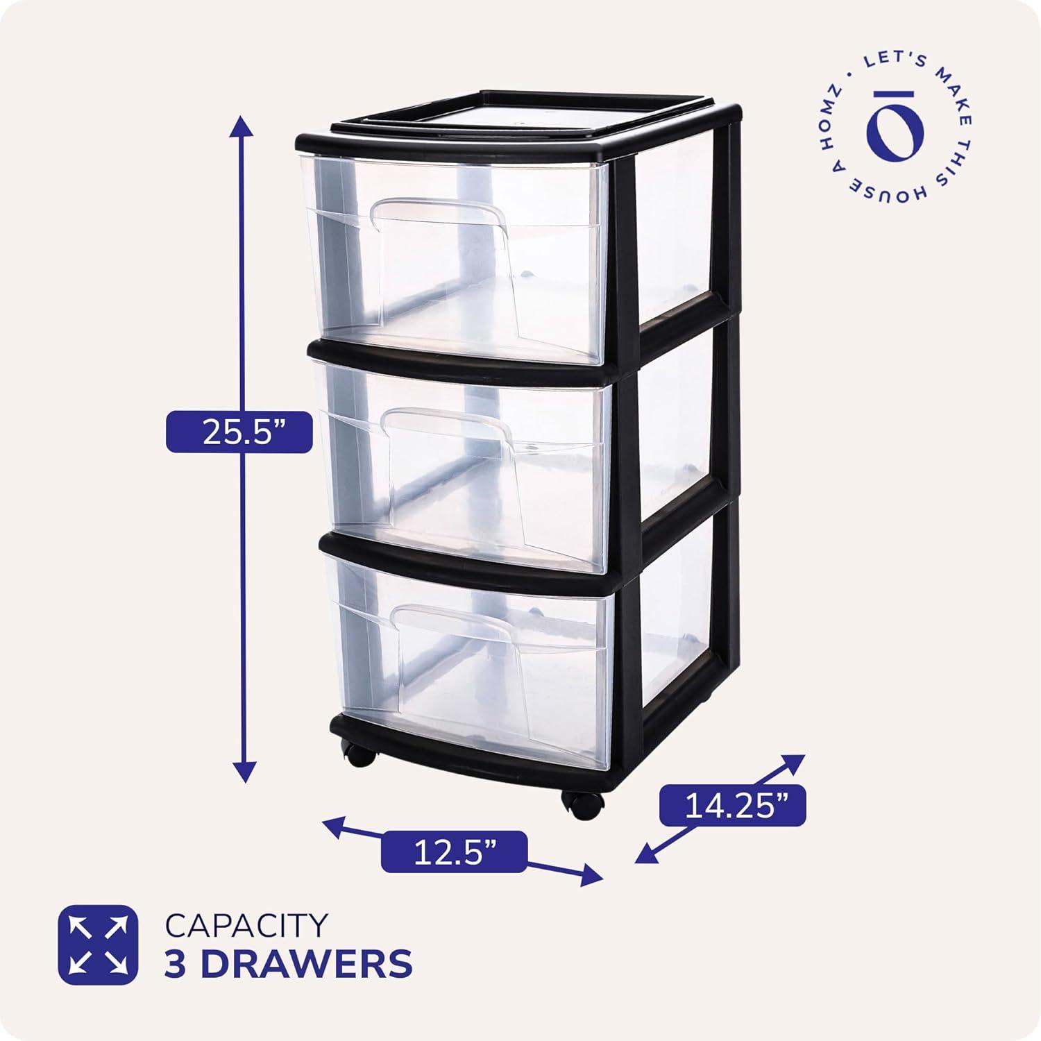 imageHOMZ Drawer Tower 3Tier Clear Plastic Storage Organizer Cart White Frame  HeavyDuty Organizing Drawers for Home Bedroom and Closet OrganizationBlack