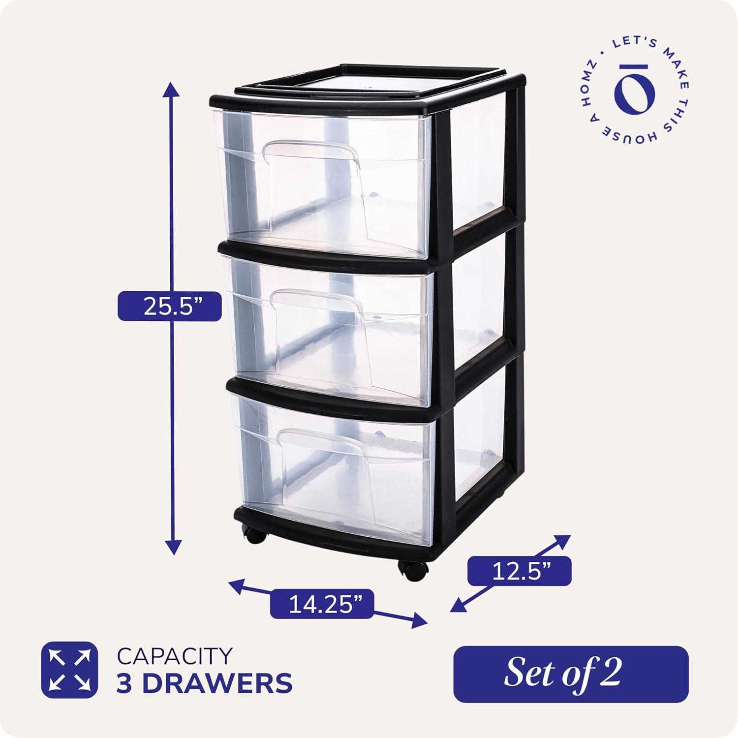 imageHOMZ Drawer Tower 3Tier Clear Plastic Storage Organizer Cart White Frame  HeavyDuty Organizing Drawers for Home Bedroom and Closet OrganizationBlack