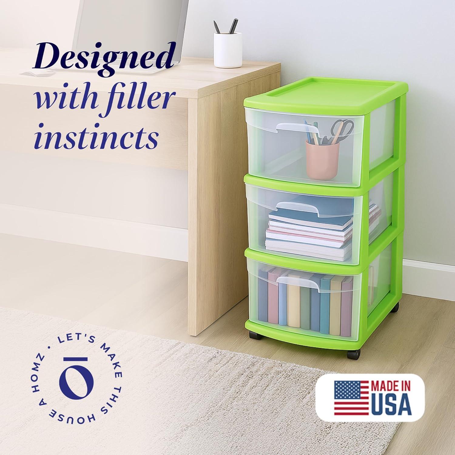 imageHOMZ Drawer Tower 3Tier Clear Plastic Storage Organizer Cart White Frame  HeavyDuty Organizing Drawers for Home Bedroom and Closet OrganizationBold Lime