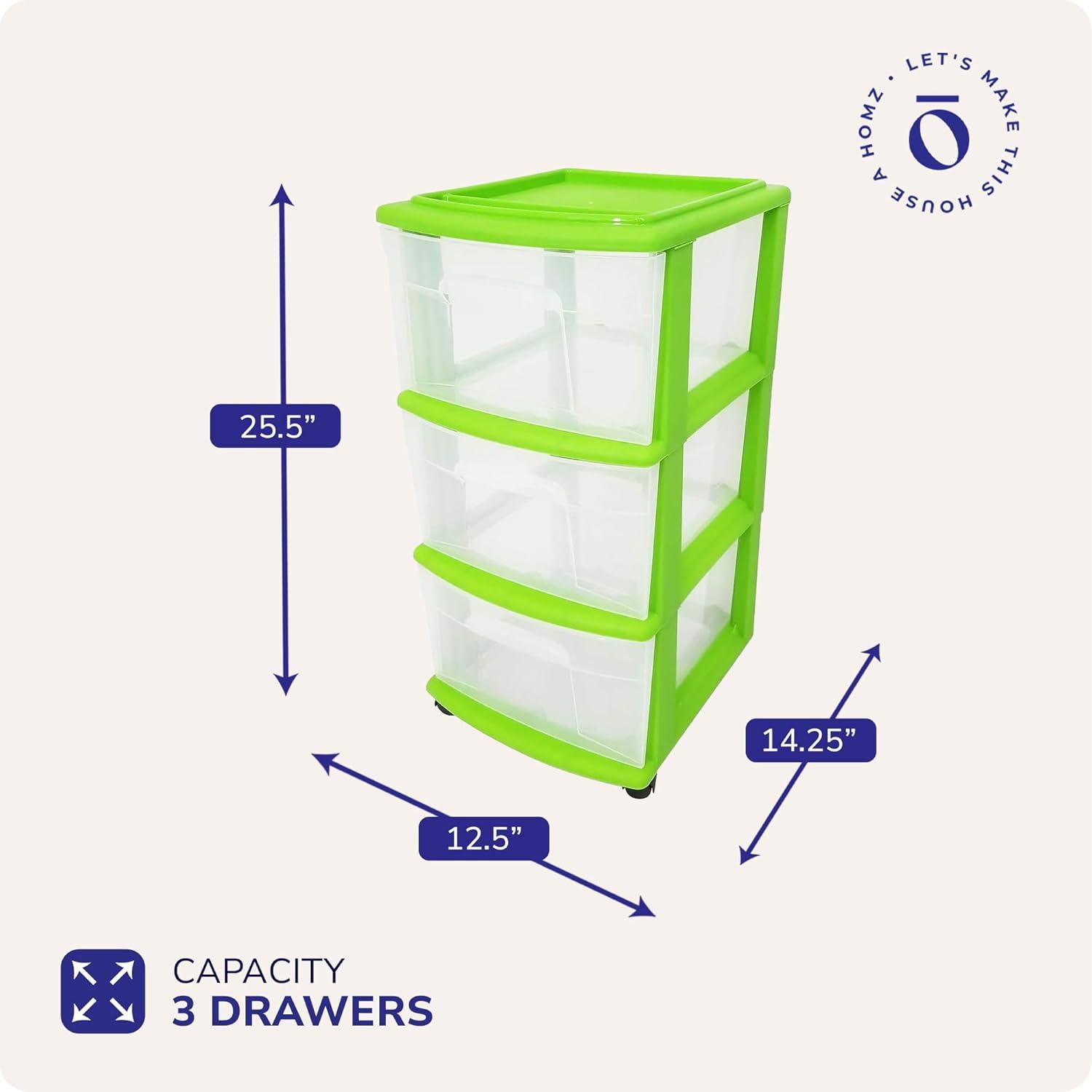 imageHOMZ Drawer Tower 3Tier Clear Plastic Storage Organizer Cart White Frame  HeavyDuty Organizing Drawers for Home Bedroom and Closet OrganizationBold Lime