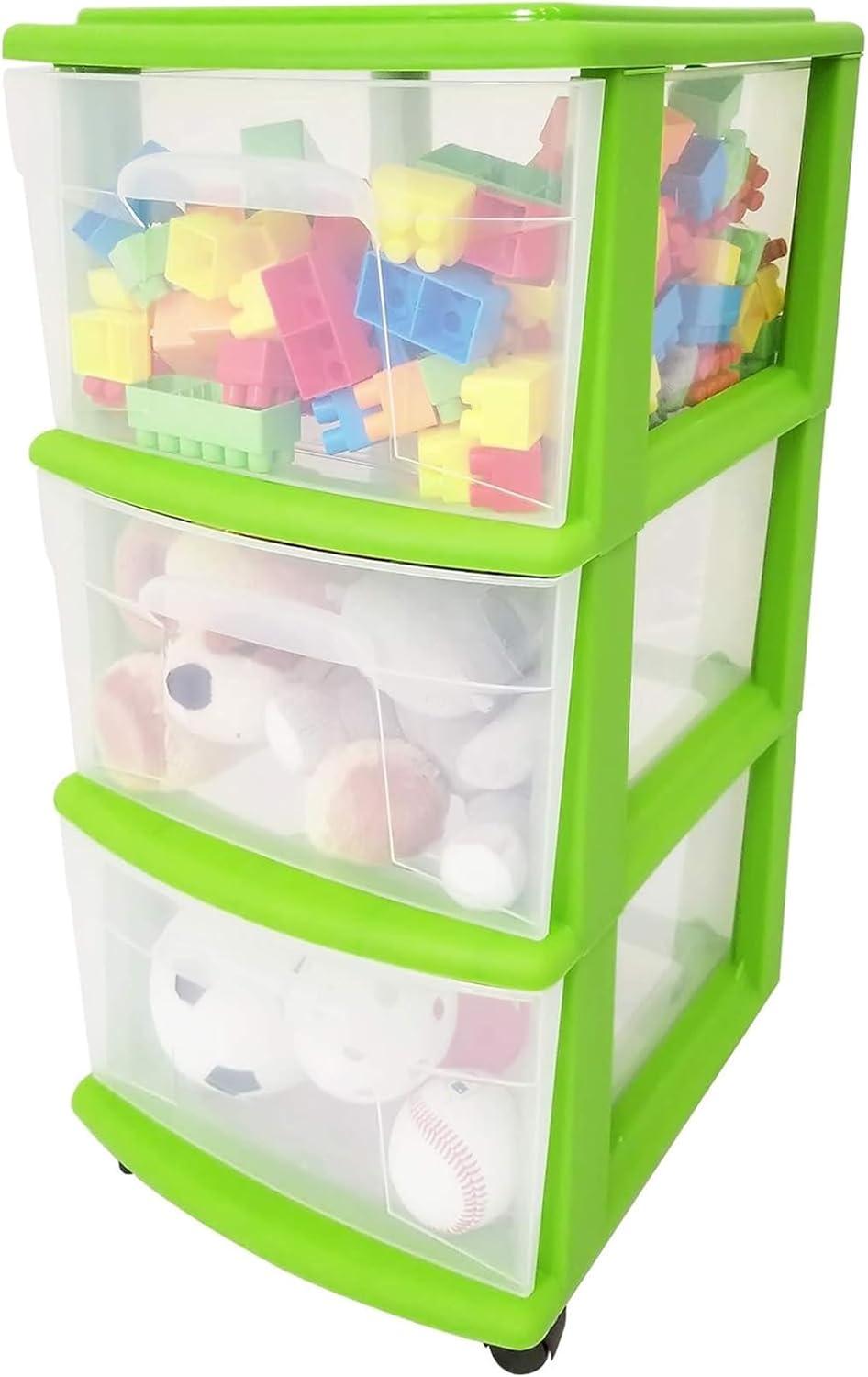 imageHOMZ Drawer Tower 3Tier Clear Plastic Storage Organizer Cart White Frame  HeavyDuty Organizing Drawers for Home Bedroom and Closet OrganizationBold Lime