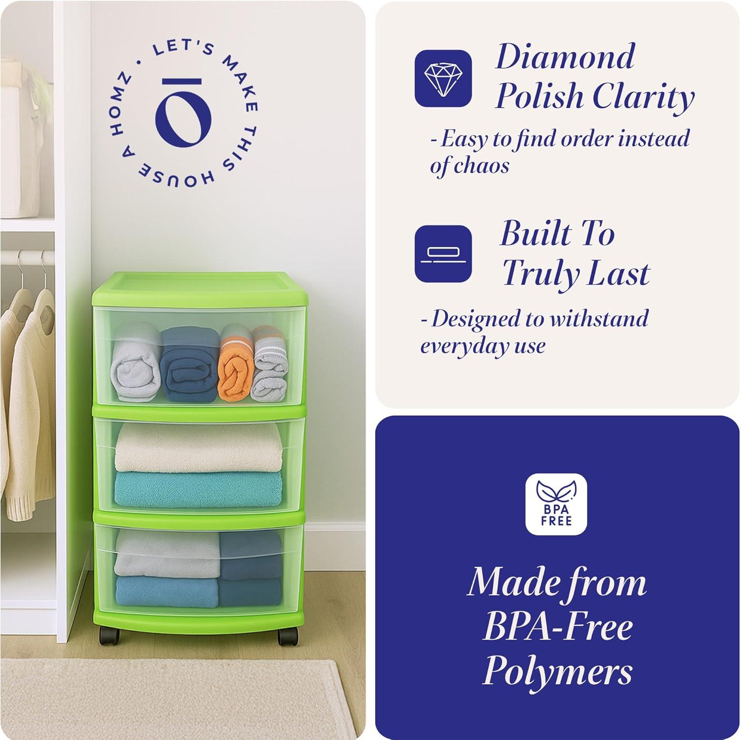 imageHOMZ Drawer Tower 3Tier Clear Plastic Storage Organizer Cart White Frame  HeavyDuty Organizing Drawers for Home Bedroom and Closet OrganizationBold Lime