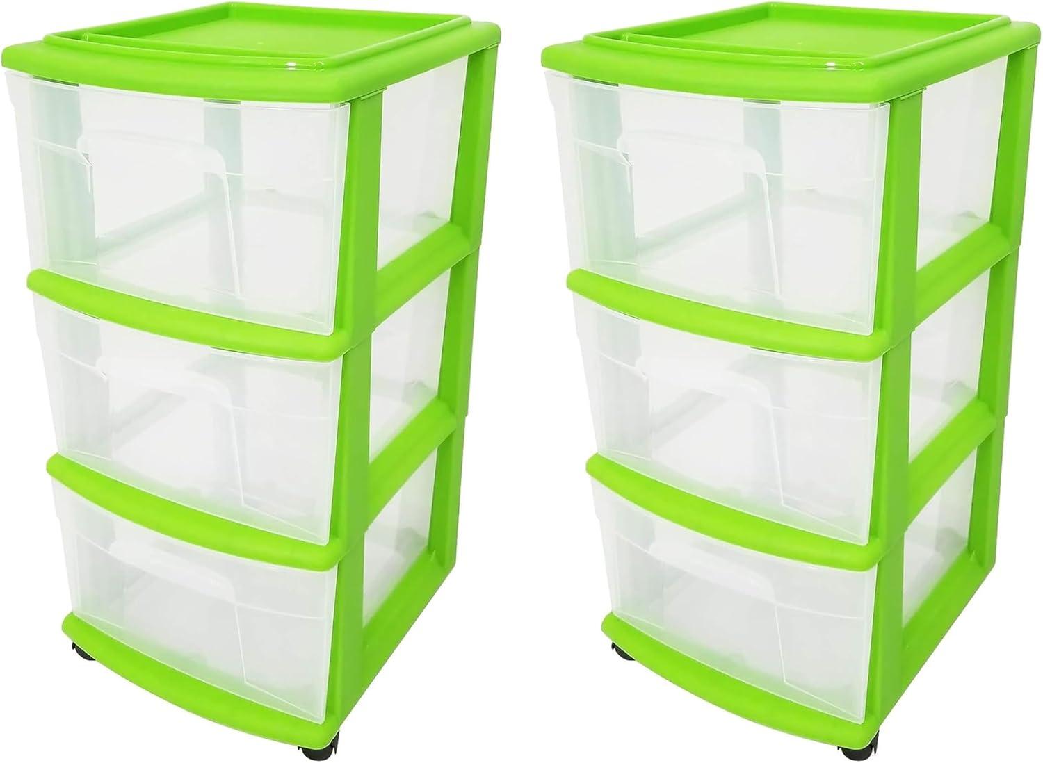 imageHOMZ Drawer Tower 3Tier Clear Plastic Storage Organizer Cart White Frame  HeavyDuty Organizing Drawers for Home Bedroom and Closet OrganizationBold Lime