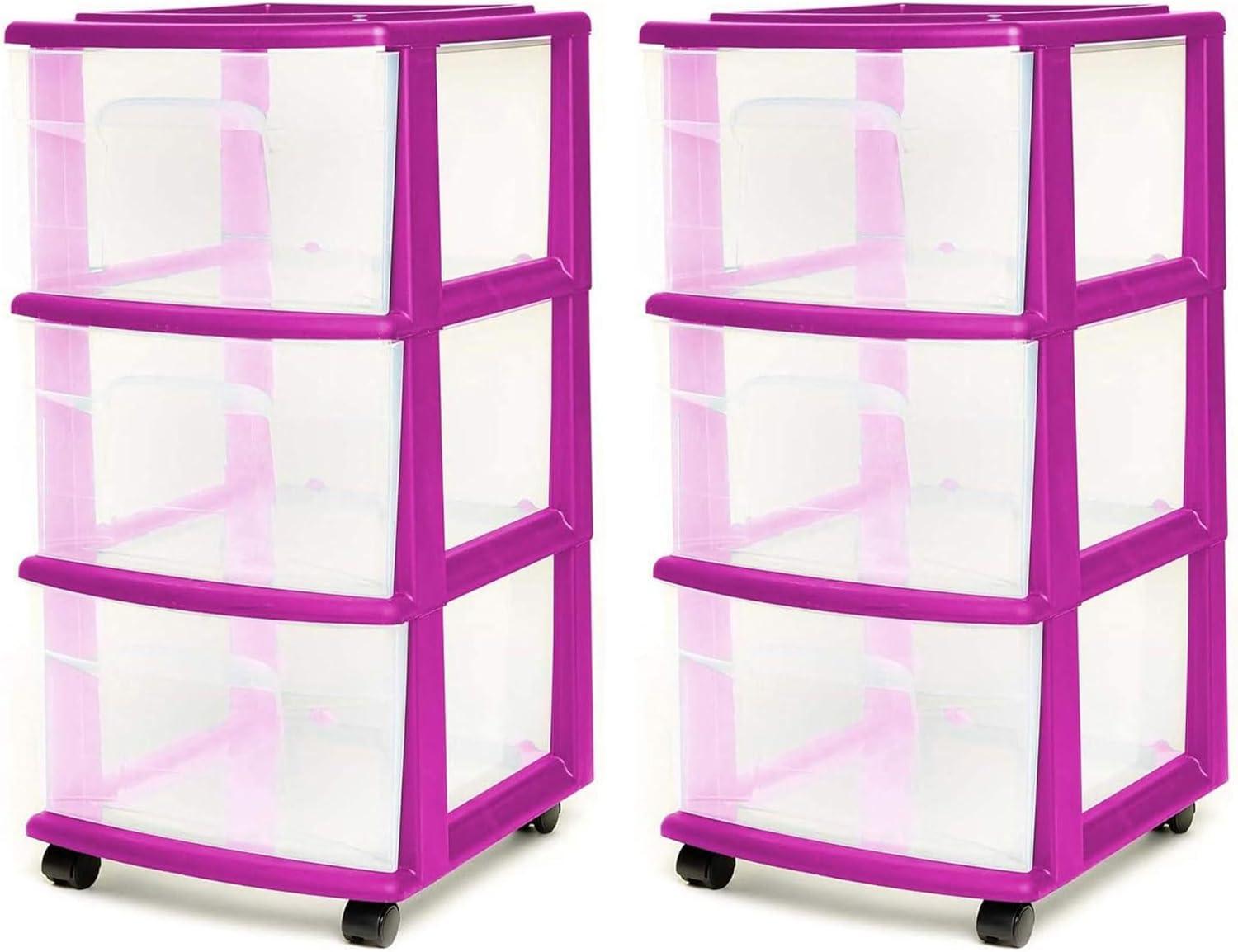 imageHOMZ Drawer Tower 3Tier Clear Plastic Storage Organizer Cart White Frame  HeavyDuty Organizing Drawers for Home Bedroom and Closet OrganizationPurple