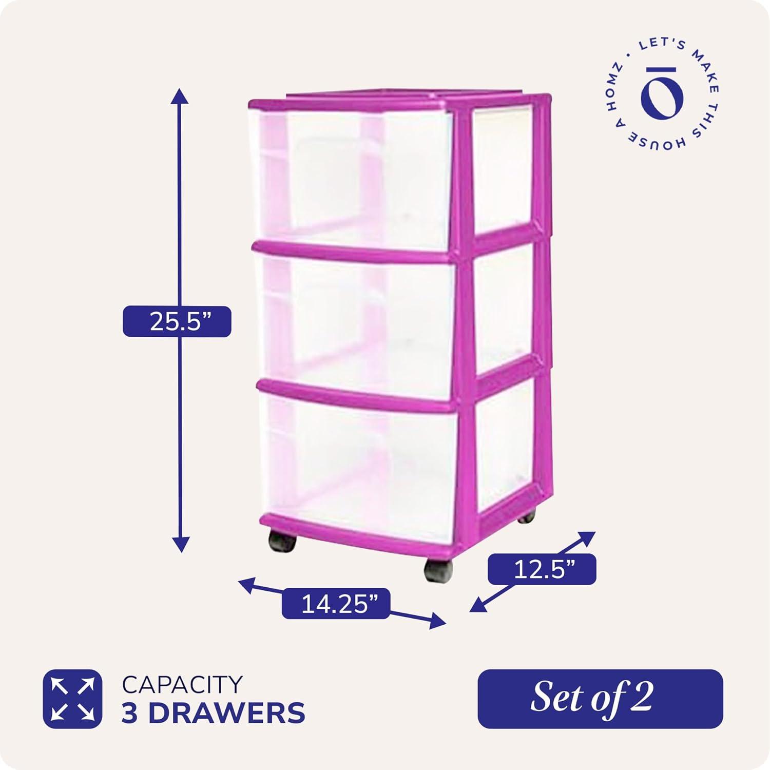 imageHOMZ Drawer Tower 3Tier Clear Plastic Storage Organizer Cart White Frame  HeavyDuty Organizing Drawers for Home Bedroom and Closet OrganizationPurple