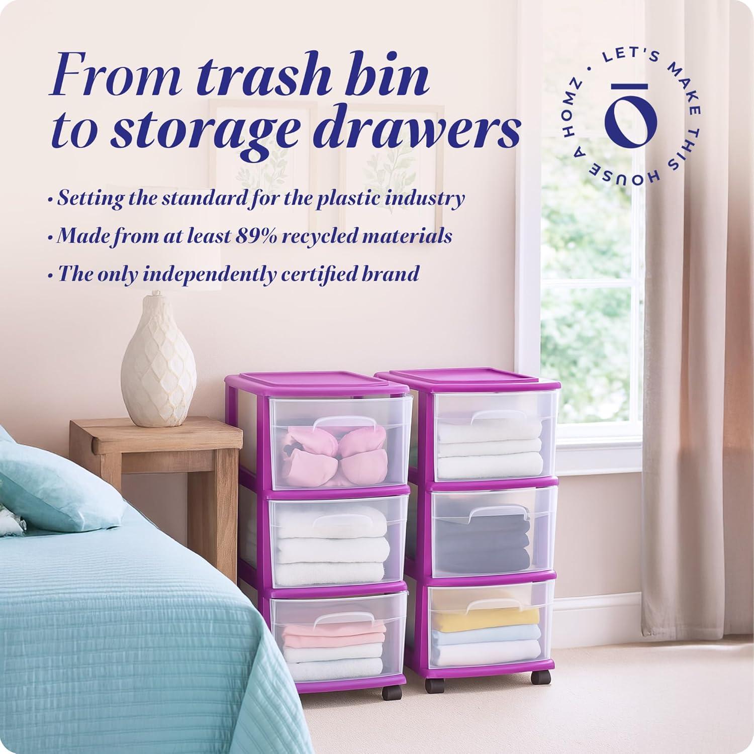 imageHOMZ Drawer Tower 3Tier Clear Plastic Storage Organizer Cart White Frame  HeavyDuty Organizing Drawers for Home Bedroom and Closet OrganizationPurple