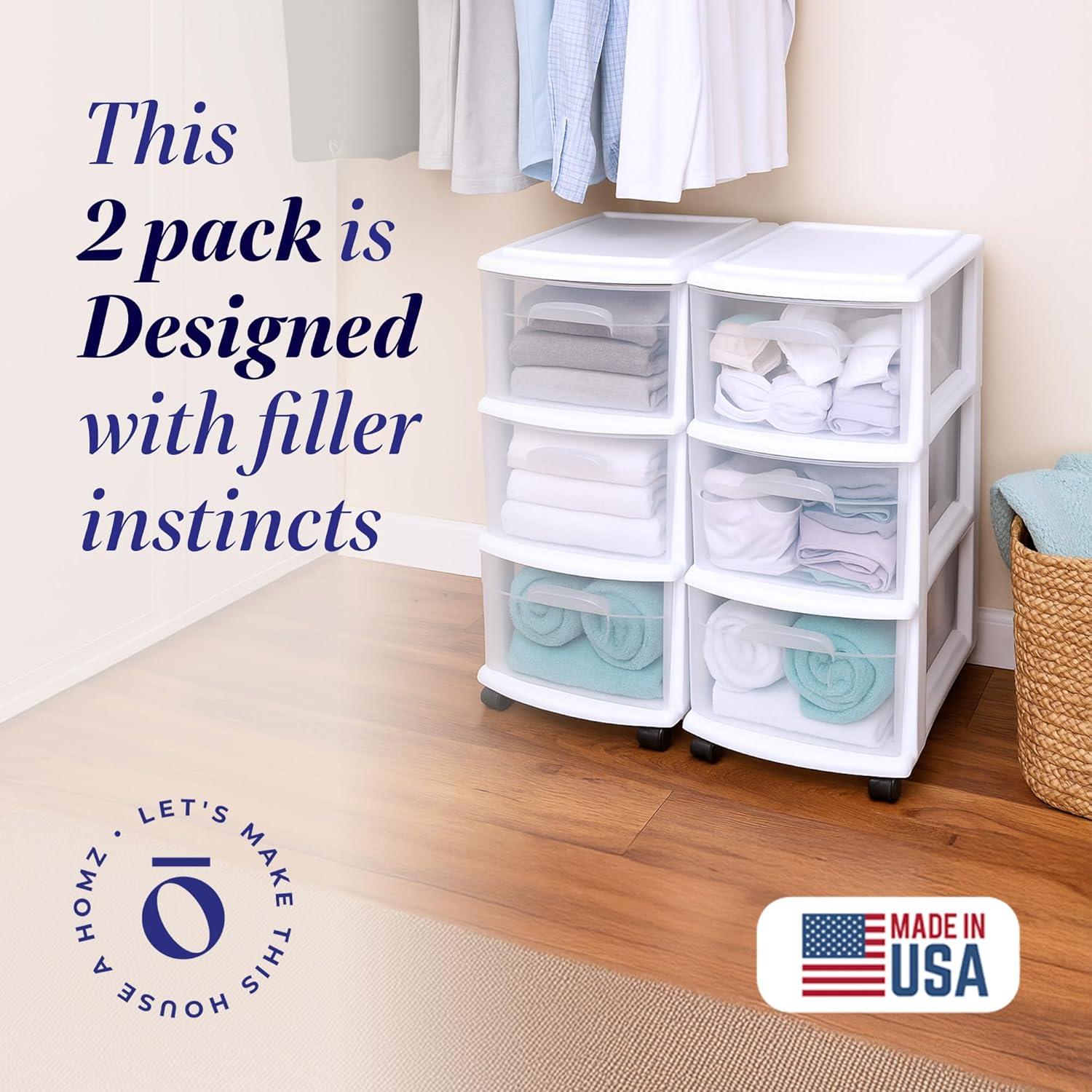 imageHOMZ Drawer Tower 3Tier Clear Plastic Storage Organizer Cart White Frame  HeavyDuty Organizing Drawers for Home Bedroom and Closet OrganizationWhite
