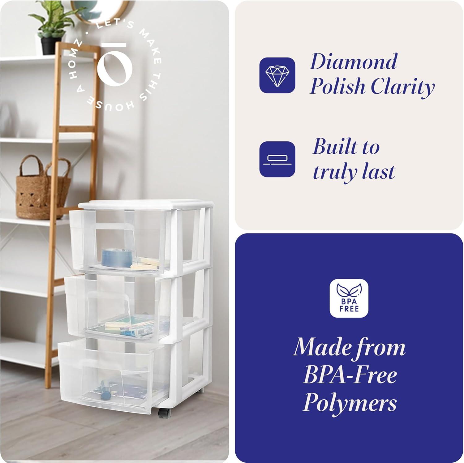 imageHOMZ Drawer Tower 3Tier Clear Plastic Storage Organizer Cart White Frame  HeavyDuty Organizing Drawers for Home Bedroom and Closet OrganizationWhite