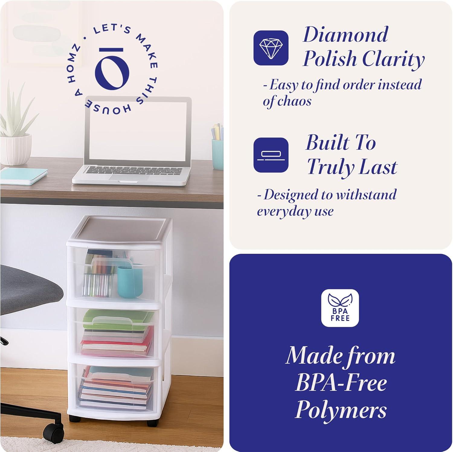 imageHOMZ Drawer Tower 3Tier Clear Plastic Storage Organizer Cart White Frame  HeavyDuty Organizing Drawers for Home Bedroom and Closet OrganizationWhite