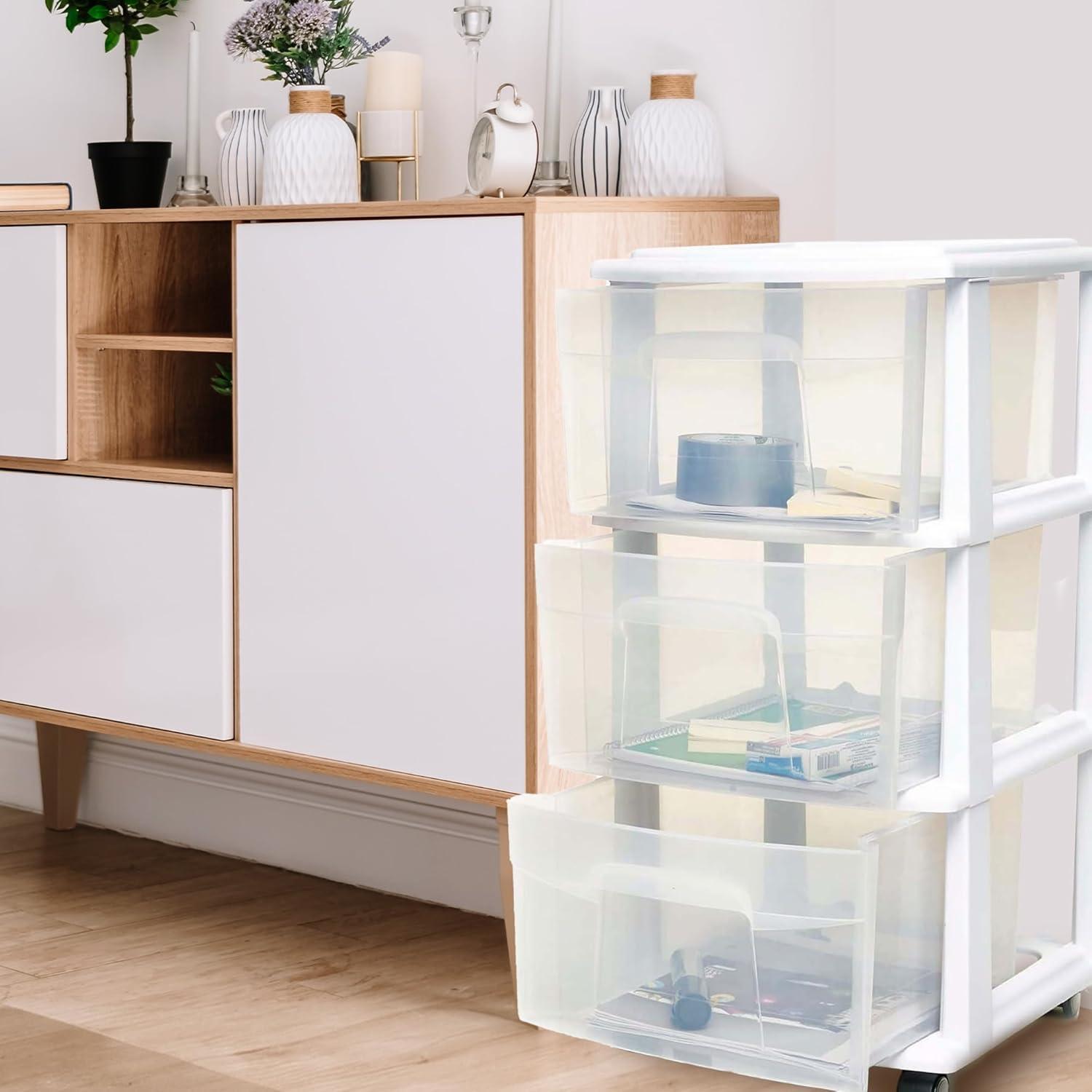imageHOMZ Drawer Tower 3Tier Clear Plastic Storage Organizer Cart White Frame  HeavyDuty Organizing Drawers for Home Bedroom and Closet OrganizationWhite