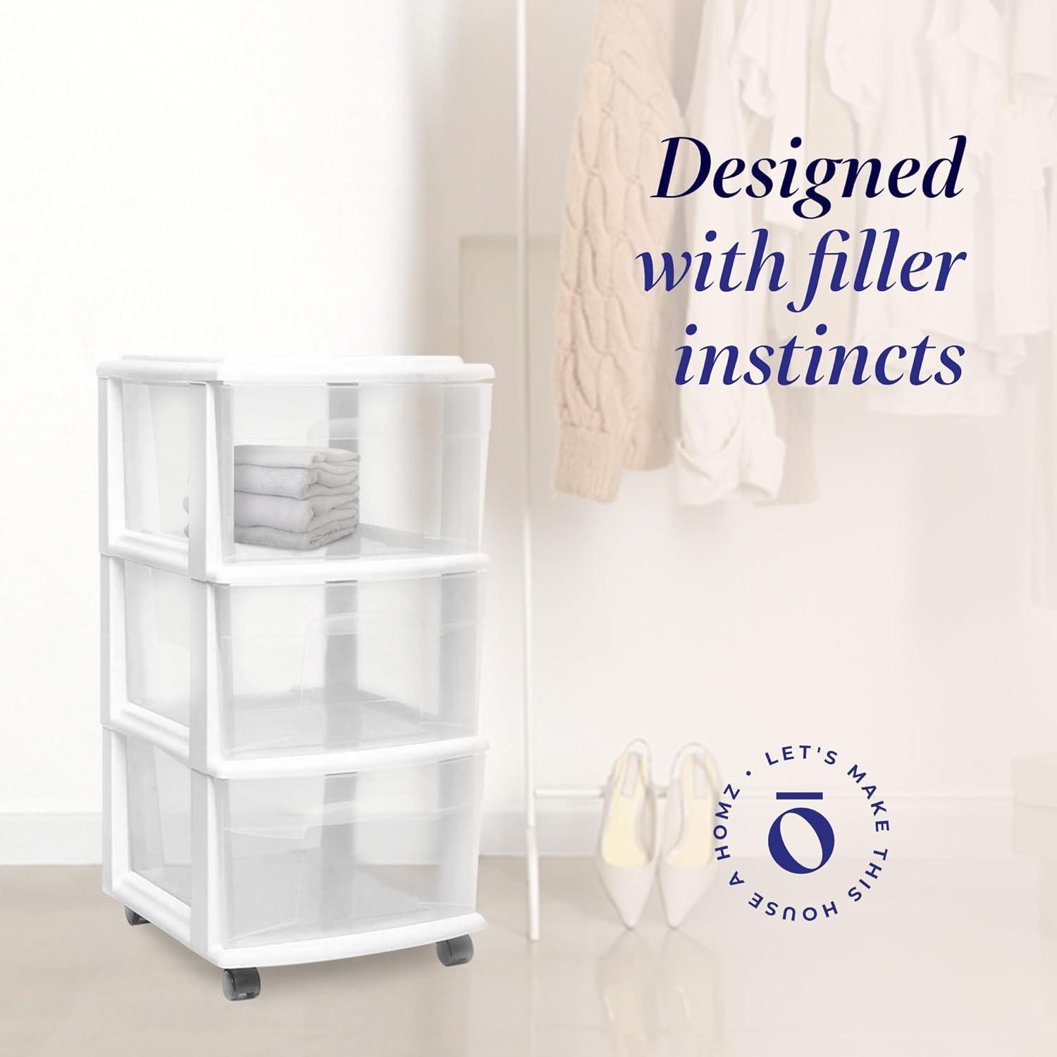 imageHOMZ Drawer Tower 3Tier Clear Plastic Storage Organizer Cart White Frame  HeavyDuty Organizing Drawers for Home Bedroom and Closet OrganizationWhite